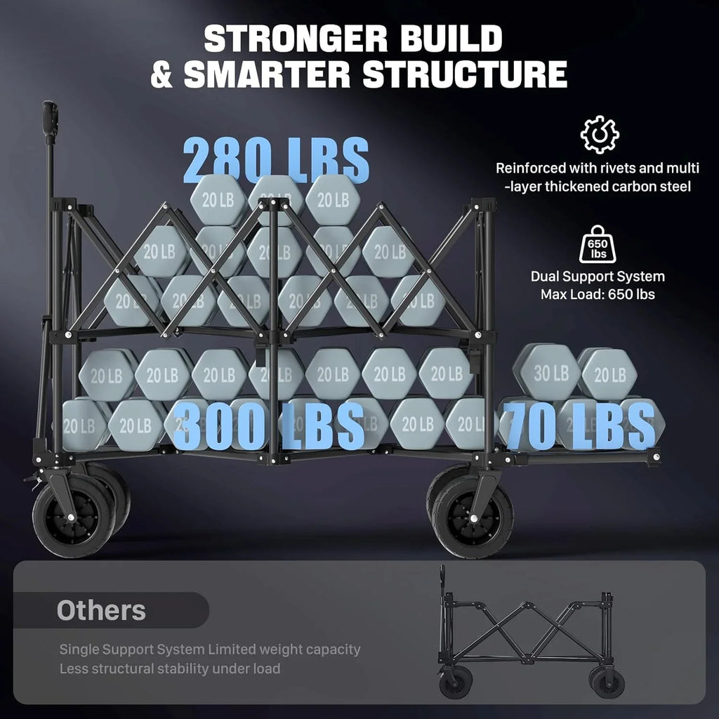Chariot de voyage pliable extra large de 48 pouces, capacité de 254 kg, chariot utilitaire robuste de 350 L avec freins et roues tout-terrain.