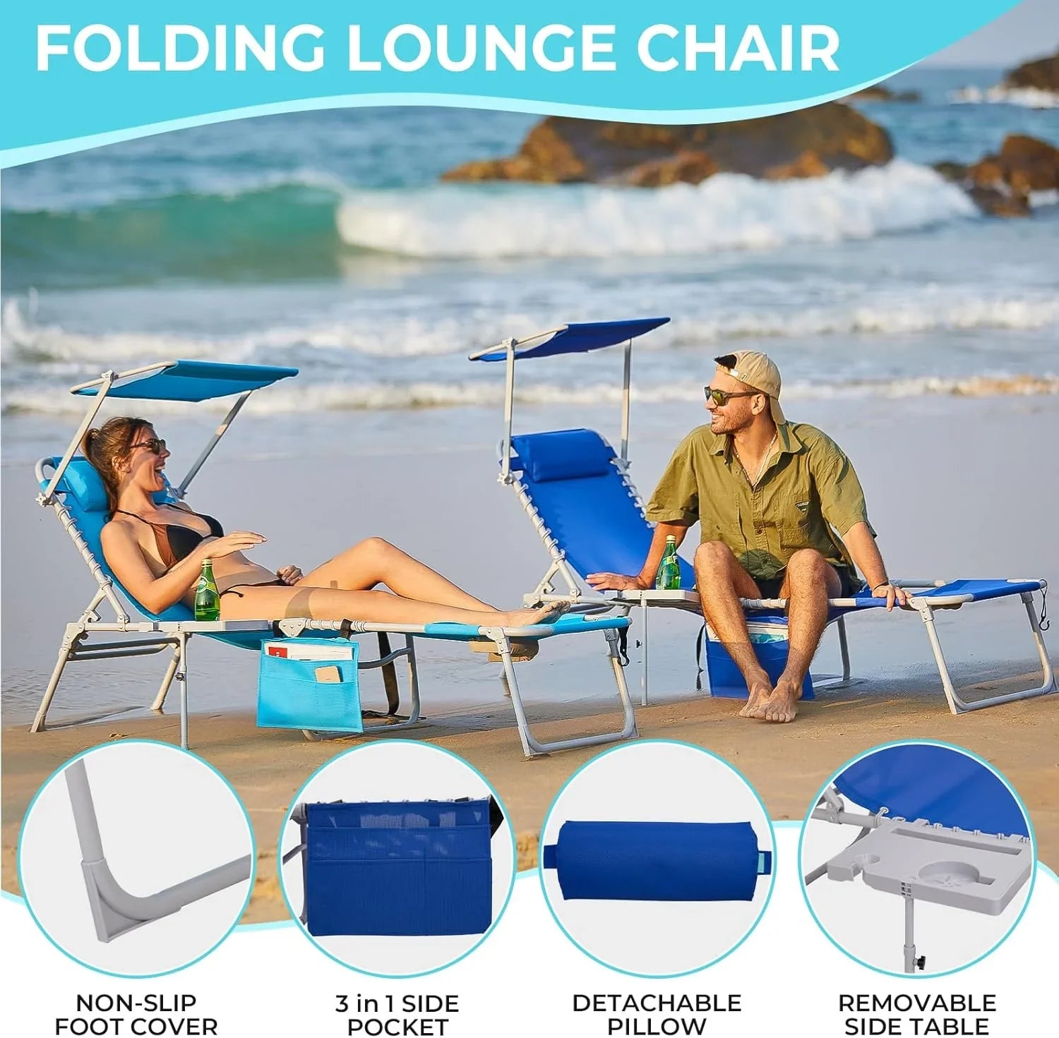 Lot de 2 chaises longues d'extérieur - Chaise longue pliante portable pour patio, piscine, camping, inclinable et réglable sur 5 positions