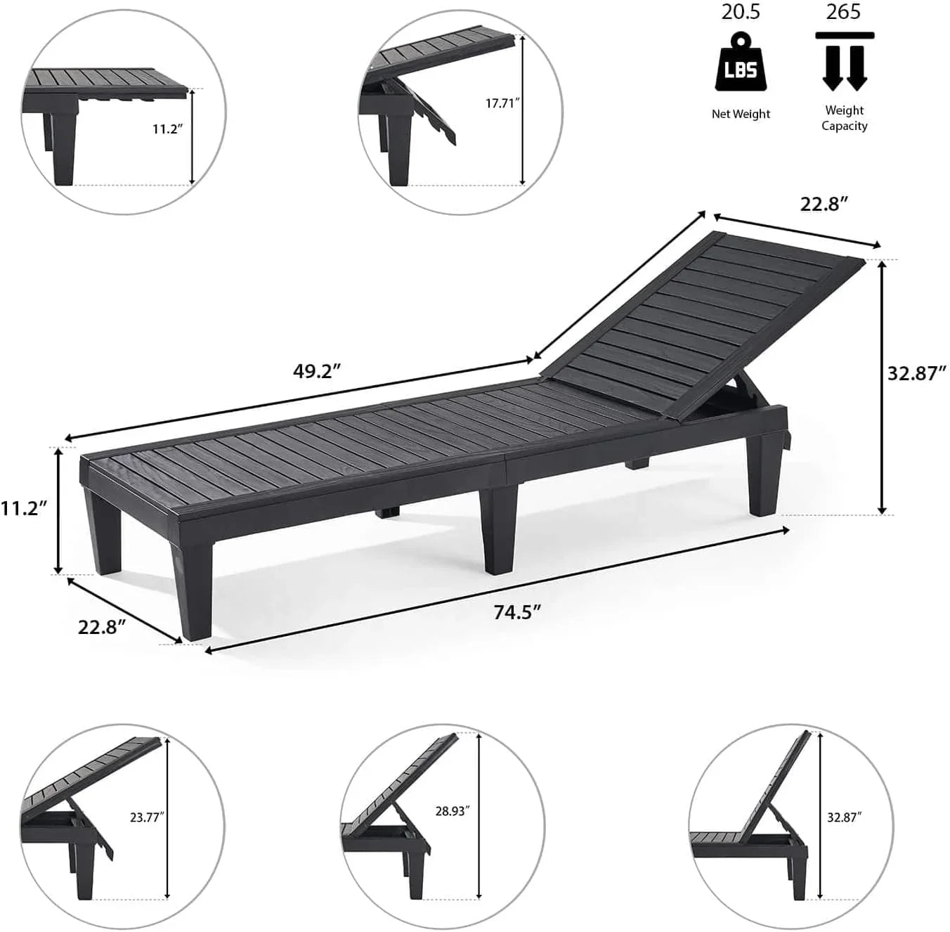 Chaises de patio - Ensemble de 2 chaises longues noires pour l'extérieur, chaise longue de jardin légère