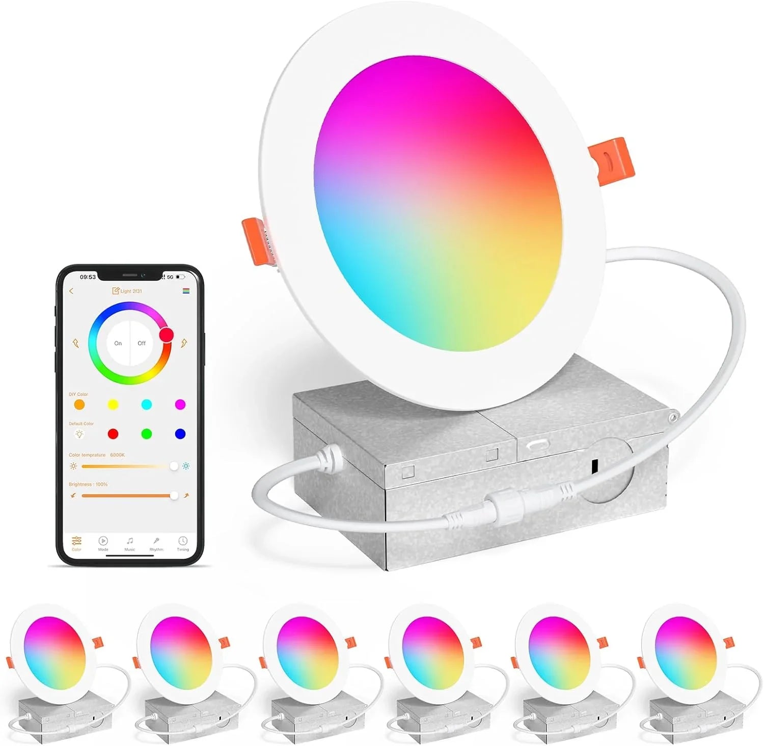 Spot LED encastré intelligent 12 W RGBCW à changement de couleur de 4 po avec boîte de jonction