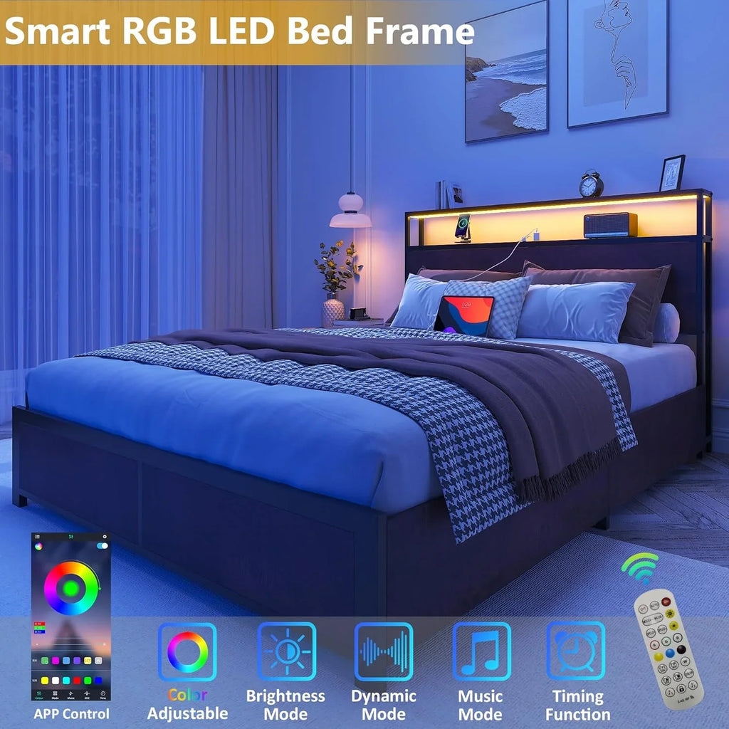 Cadre de lit Queen Lifezone avec tête de lit double et plateau de rangement en métal