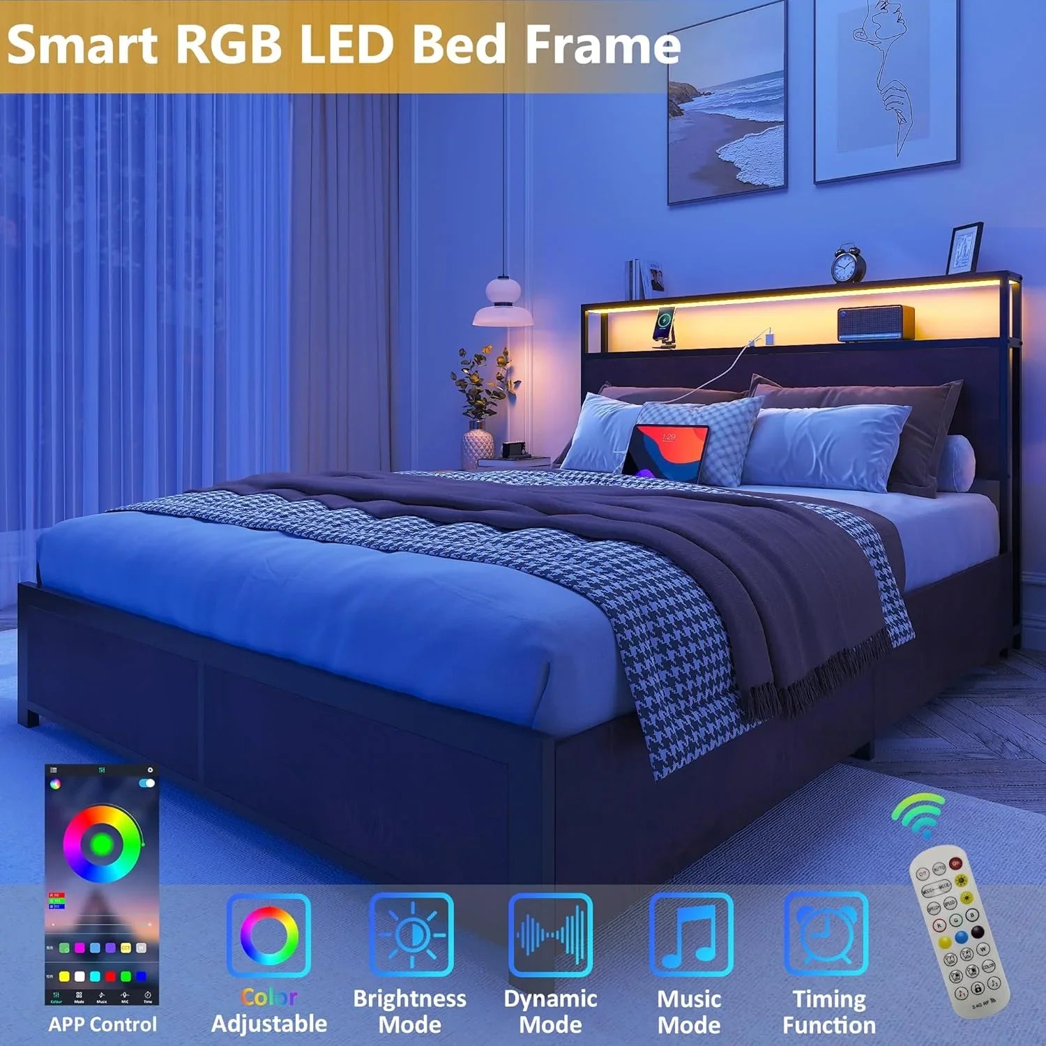 Cadre de lit Queen Lifezone avec tête de lit double et plateau de rangement en métal