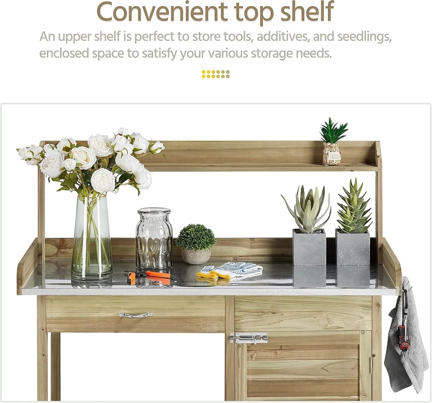 Yaheetech Banc de jardin extérieur avec plateau en métal et tiroir, étagère ouverte, bois naturel