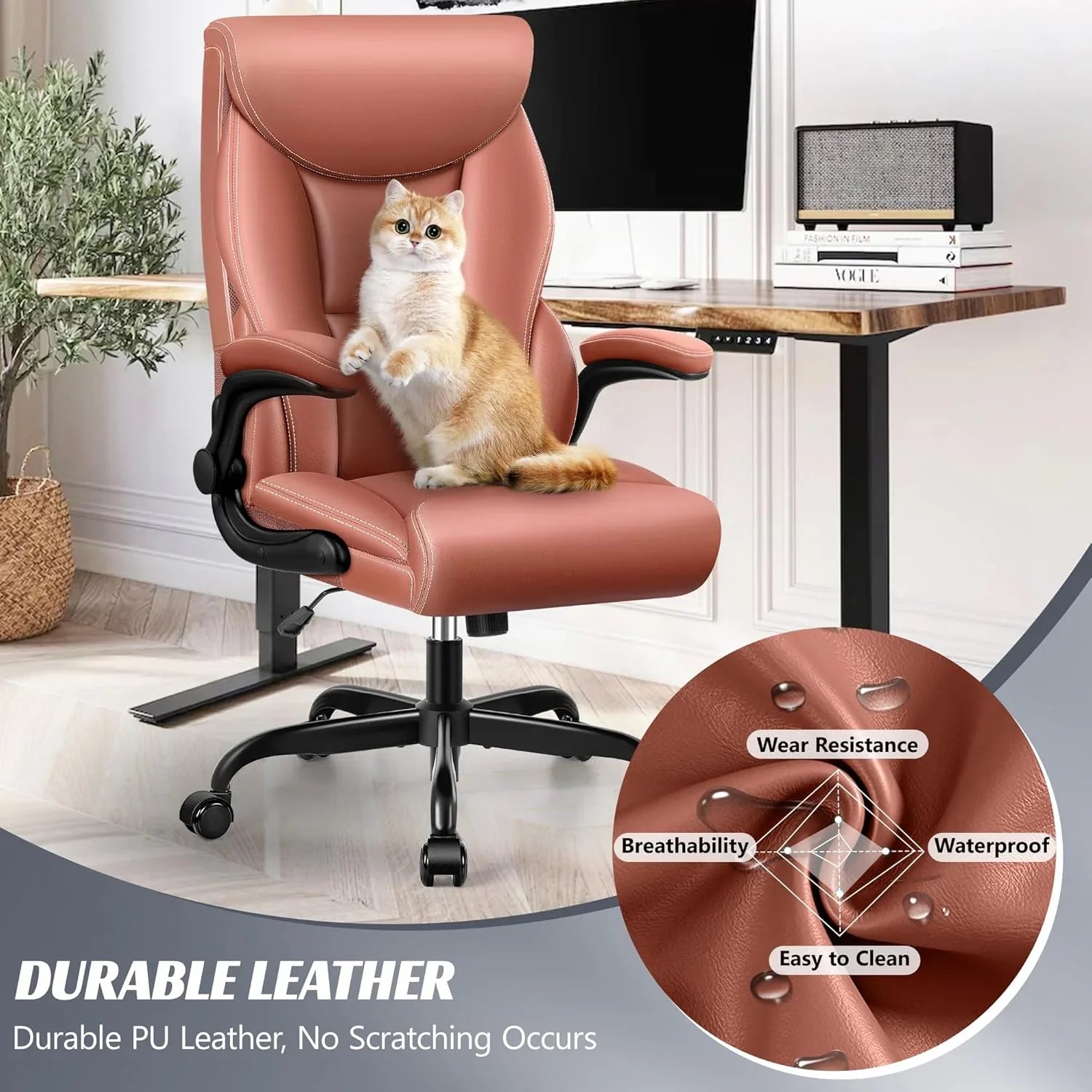 Chaise de bureau pivotante à pieds hauts, en cuir respirant, avec support lombaire