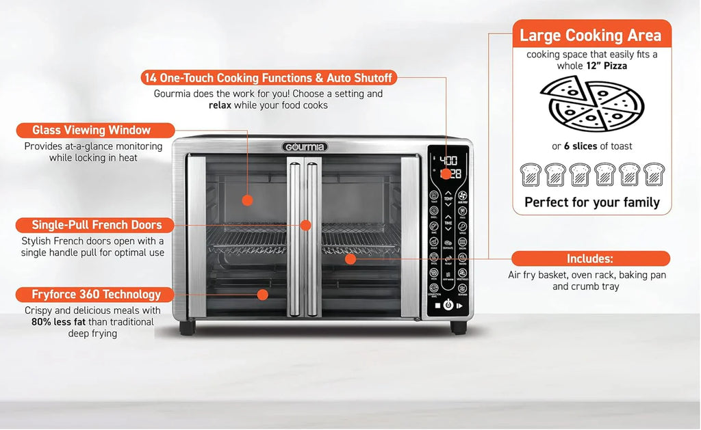 Friteuse à air combinée Gourmia avec 17 préréglages de cuisson, capacité de 24 L, grille de convection et plaque de cuisson