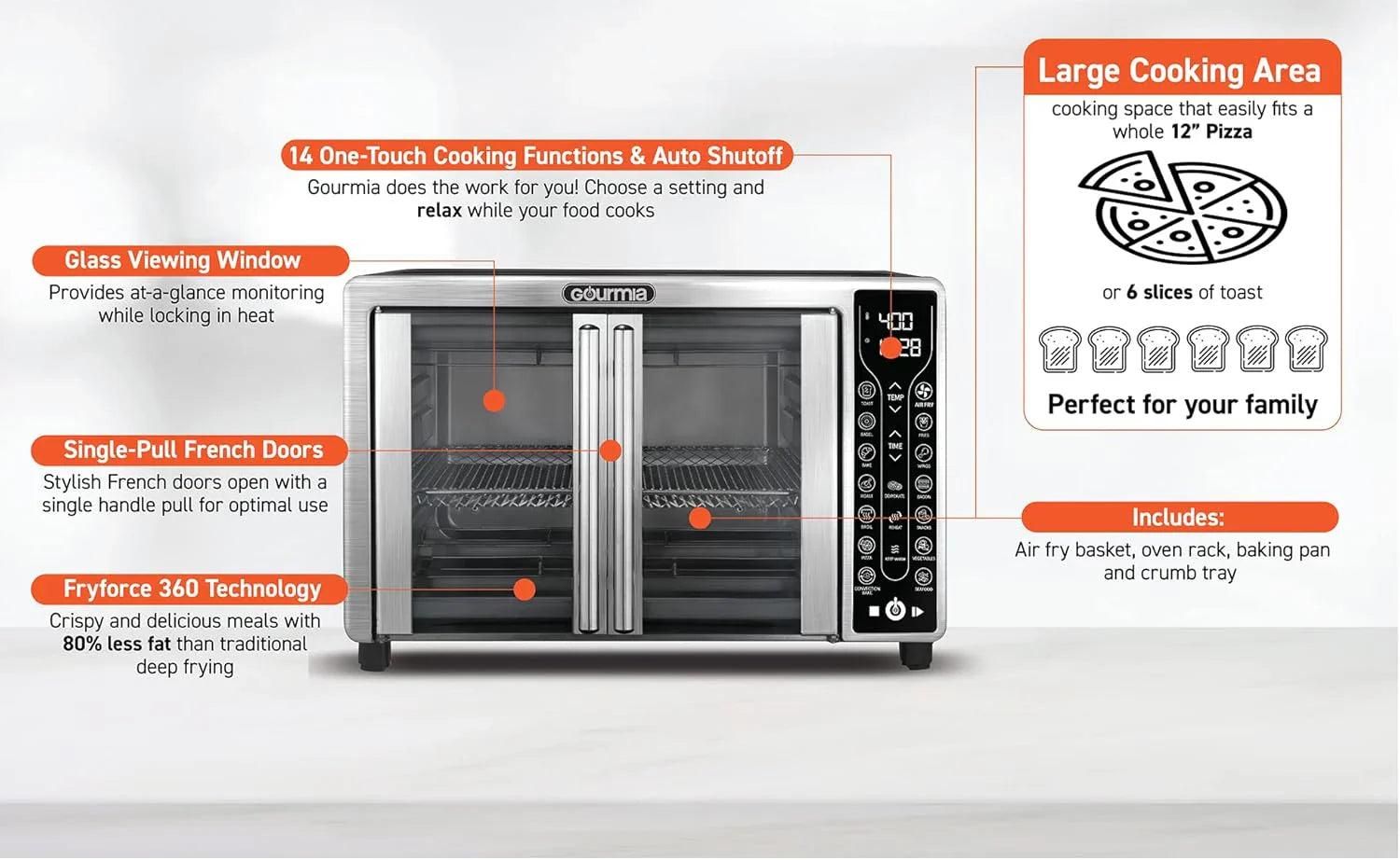 Friteuse à air combinée Gourmia avec 17 préréglages de cuisson, capacité de 24 L, grille de convection et plaque de cuisson