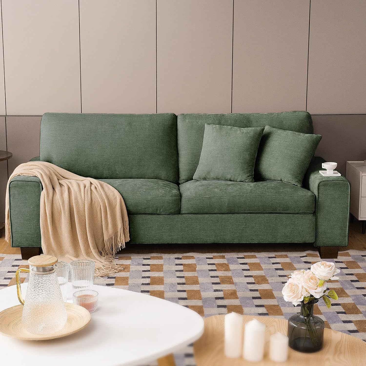 DOPEDIO tweepersoonsbank voor de woonkamer, chenille fauteuil, afneembaar, massief houten frame 