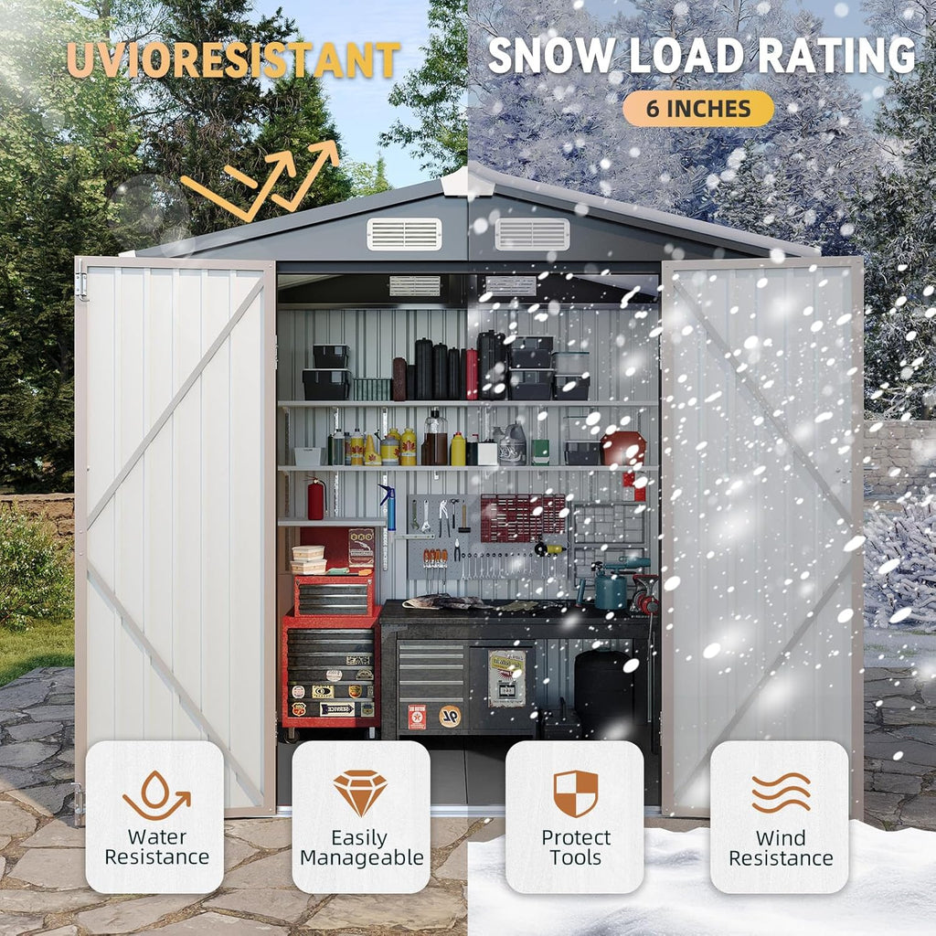 Abri de jardin Aoxun 7,4 x 5,3 pi, plancher en acier galvanisé, abri de jardin en métal, portes doubles