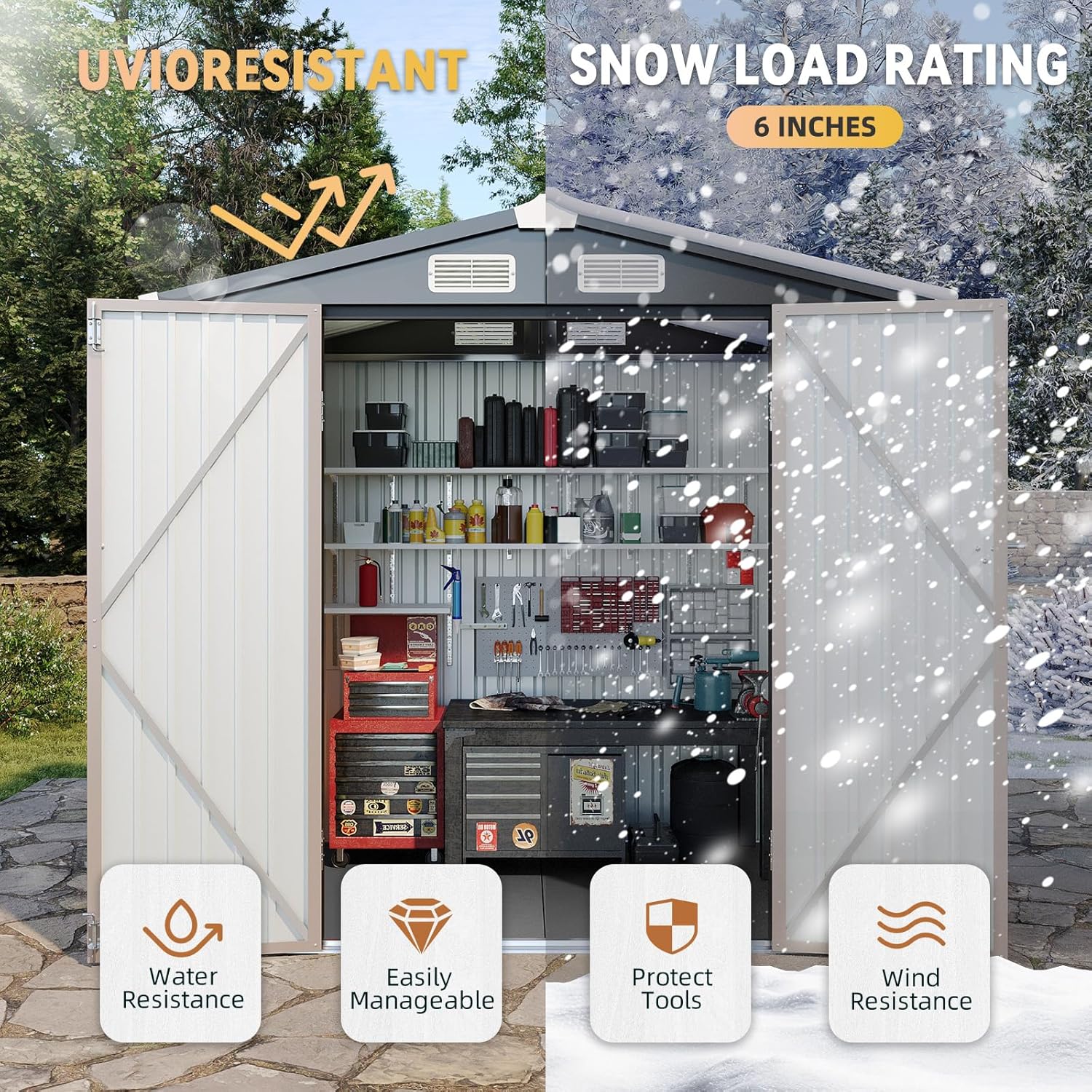 Abri de jardin Aoxun 7,4 x 5,3 pi, plancher en acier galvanisé, abri de jardin en métal, portes doubles