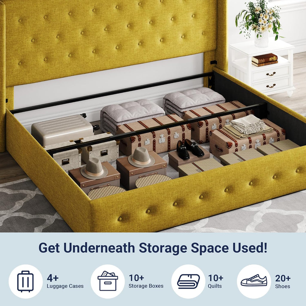 Lit queen-size relevable avec rangement Allewie, tête de lit à oreilles moderne et support hydraulique