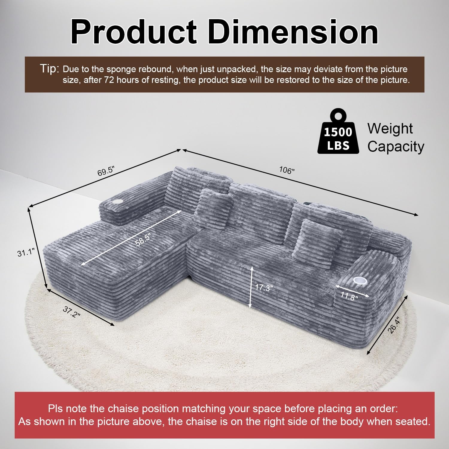 Canapé sectionnel Cloud avec méridienne en L, canapé modulaire moderne avec assise profonde, porte-gobelet intégré et poche de rangement