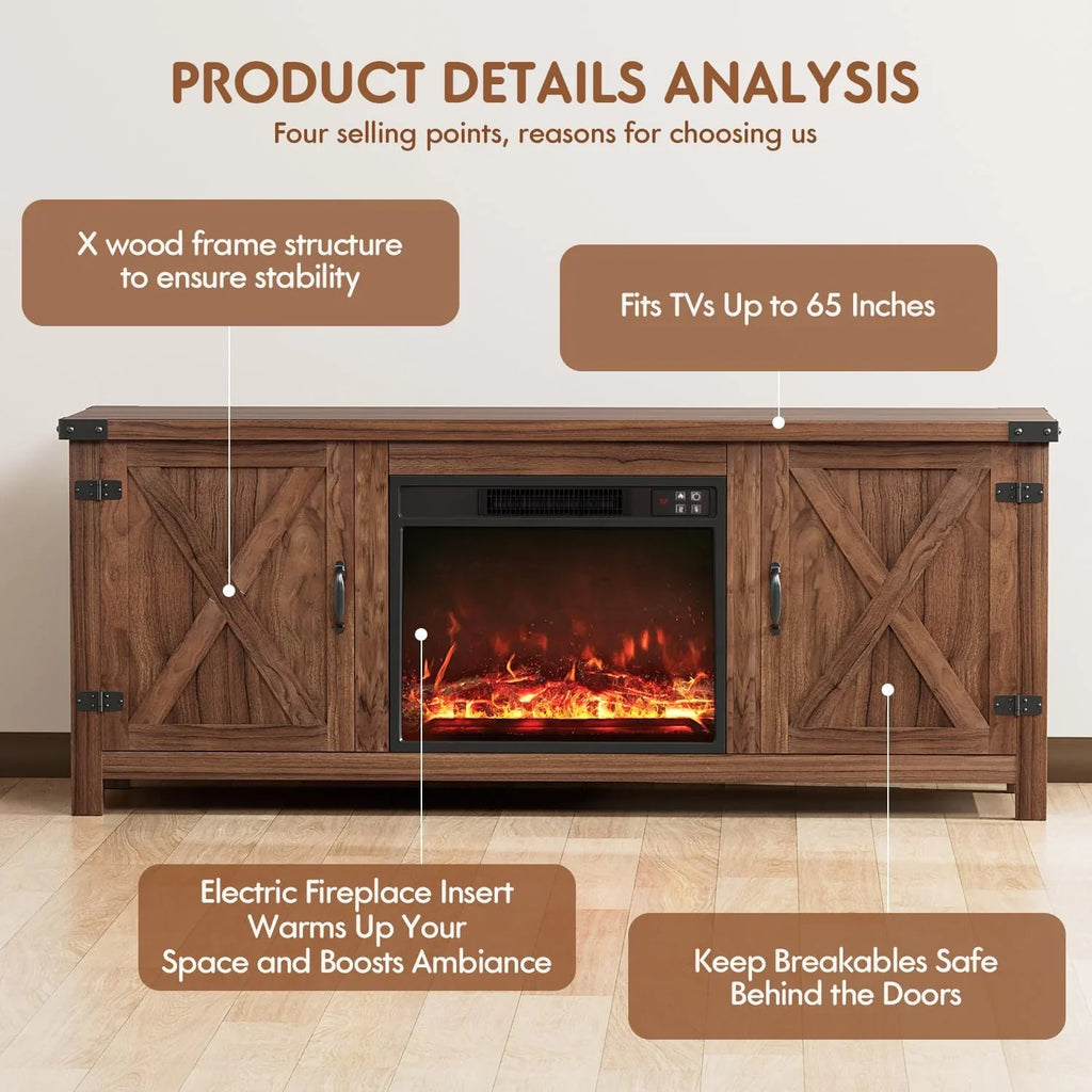 YESHOMY Meuble TV avec cheminée et deux portes de grange, armoires de rangement pour téléviseurs jusqu'à 65 pouces et plus, console de divertissement, meuble multimédia pour salon, 58 pouces