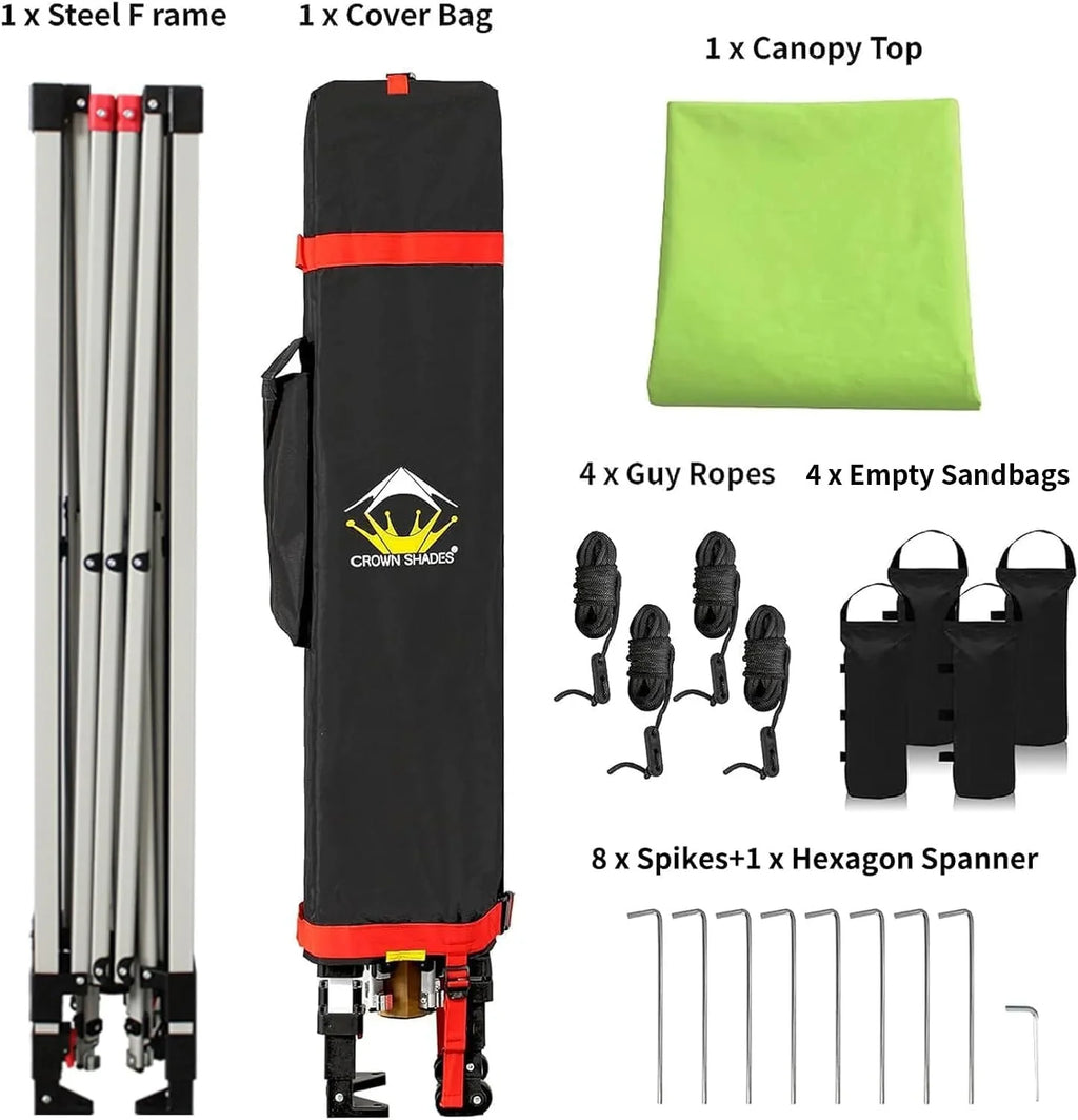 Auvent pop-up 10x10 - Installation en un clic - Tente de plage - Parasol extérieur avec dessus argenté, 3 hauteurs et 4 poches à sable