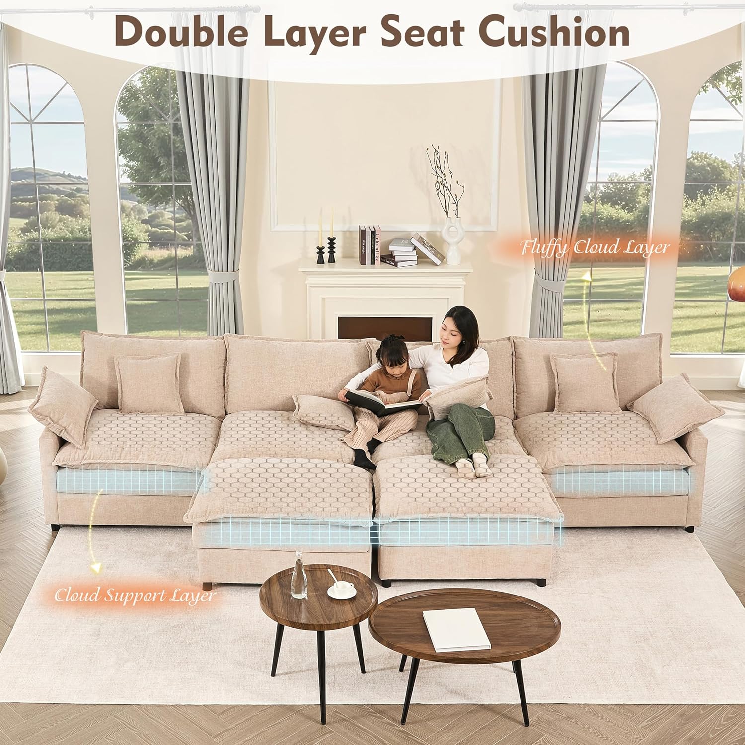 Canapé en U 108 pouces, canapé sectionnel, canapé Cloud confortable avec repose-pieds amovible, canapé profond pour salon, lin, beige
