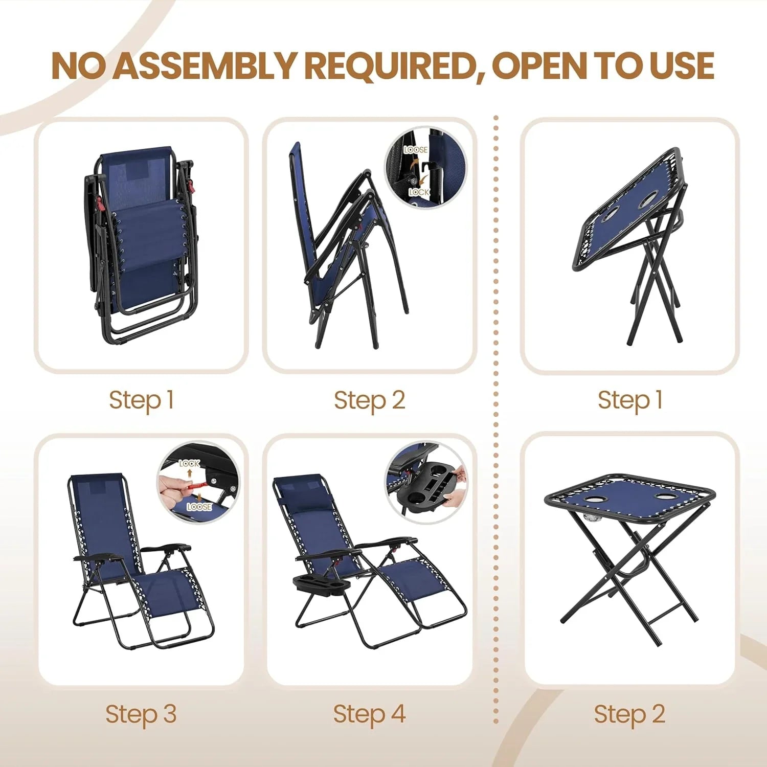 Ensemble de 3 chaises inclinables portables d'extérieur à gravité zéro avec table d'appoint et chaises longues pliantes