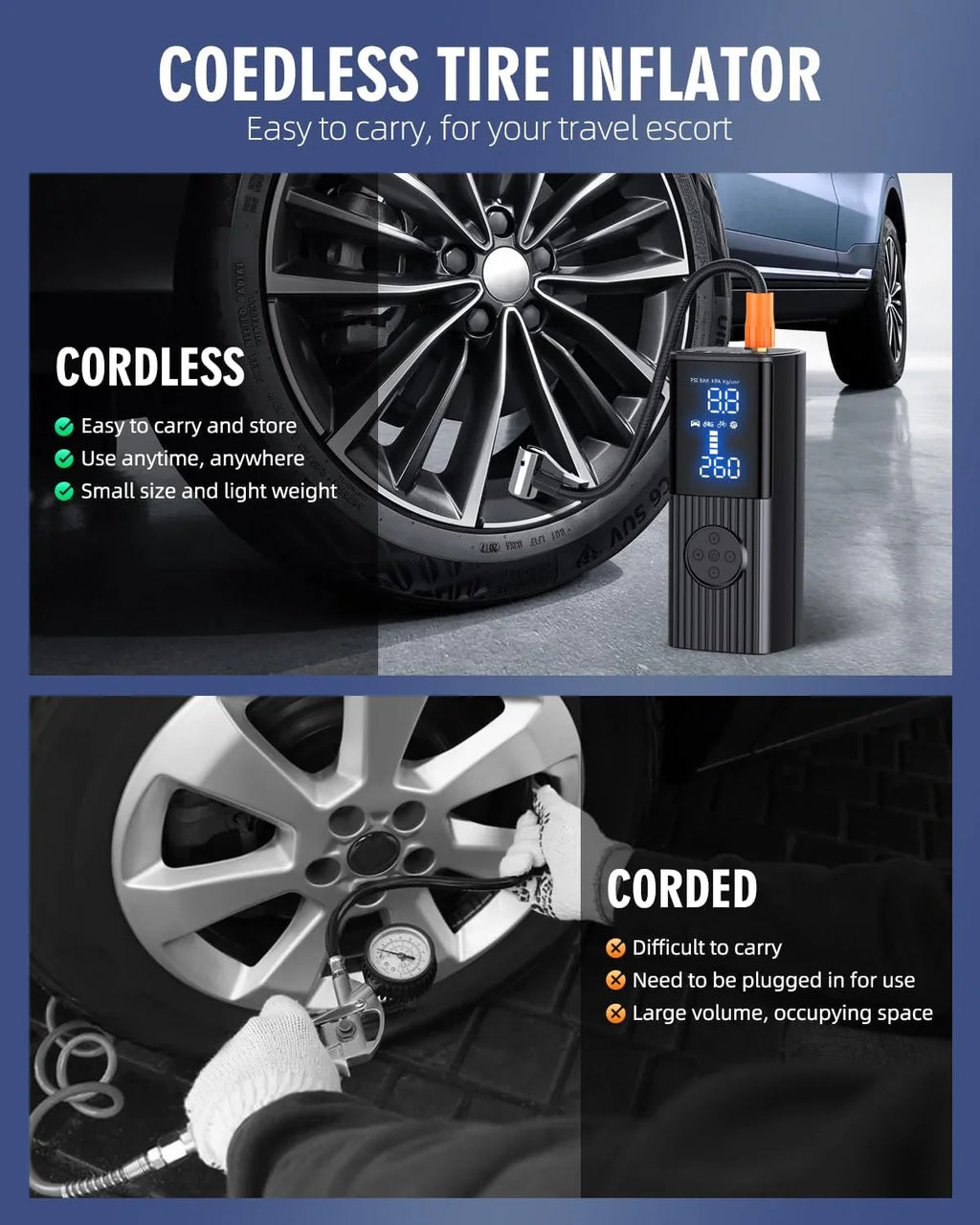 Draagbare luchtcompressor van 180 PSI met LED-verlichting, 25.000 mAh, 3 keer sneller oppompen voor auto, fiets, motor, bal, enz. 