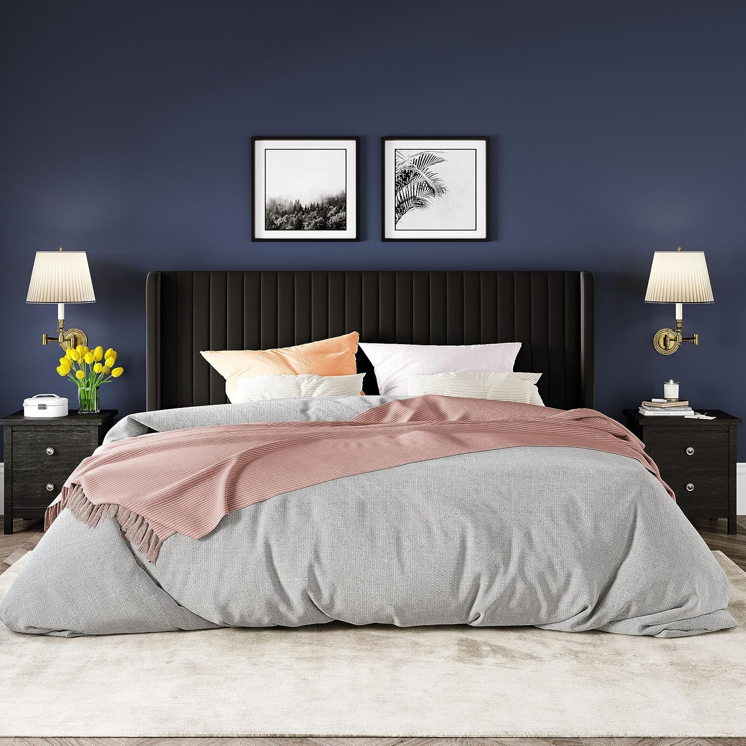 Cadre de lit Allewie en velours pleine grandeur/tête de lit capitonnée à oreilles verticales/lit plateforme rembourré/lattes en bois robustes