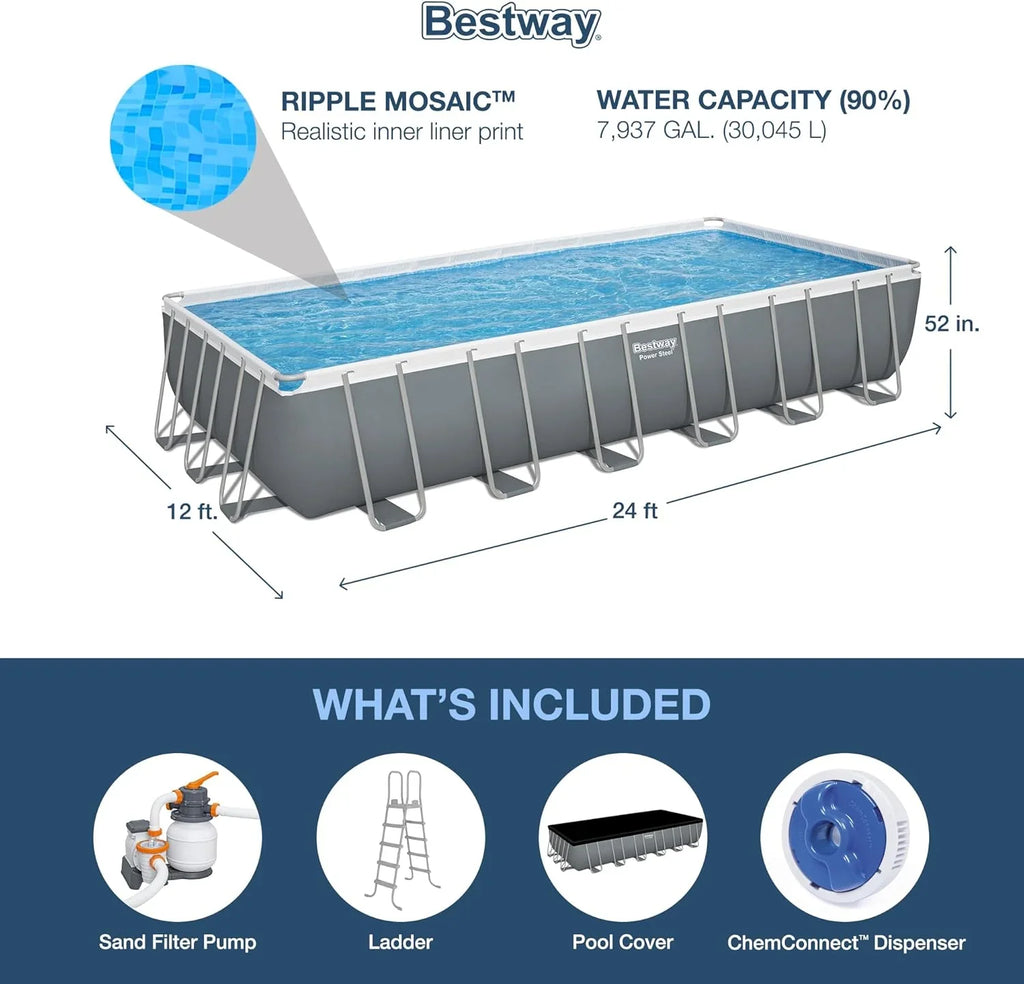 Piscine hors sol ovale Power Steel 4,3 m x 2,4 m x 100 cm | Comprend une pompe de filtration de 2070 litres, une échelle et un distributeur ChemConnect.