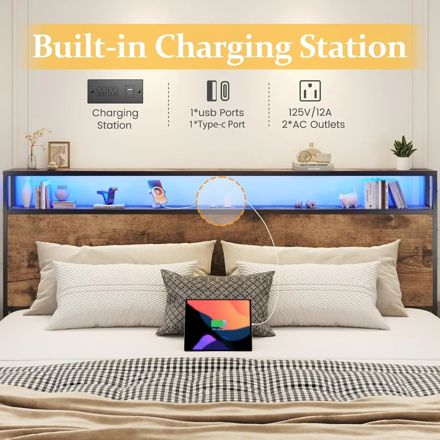 Cadre de lit Queen Lifezone avec tête de lit double et plateau de rangement en métal