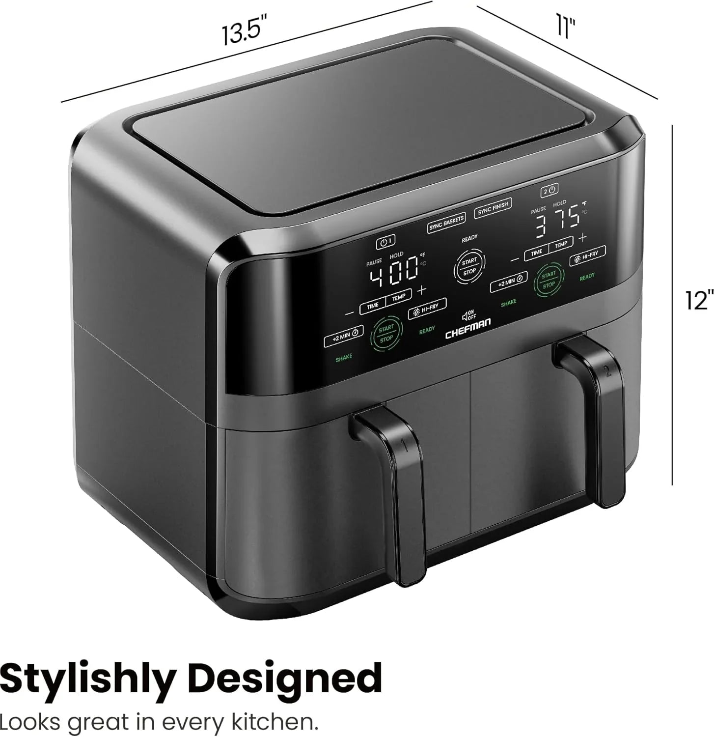 Friteuse à air double panier Chefman 6 pintes - Écran tactile numérique, finition Smart Sync, friture haute température, arrêt automatique, 2 poêles antiadhésives indépendantes de 3 pintes, paniers lavables au lave-vaisselle