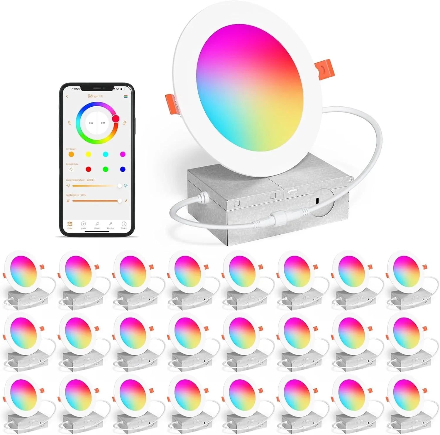 Spot LED encastré intelligent 12 W RGBCW à changement de couleur de 4 po avec boîte de jonction