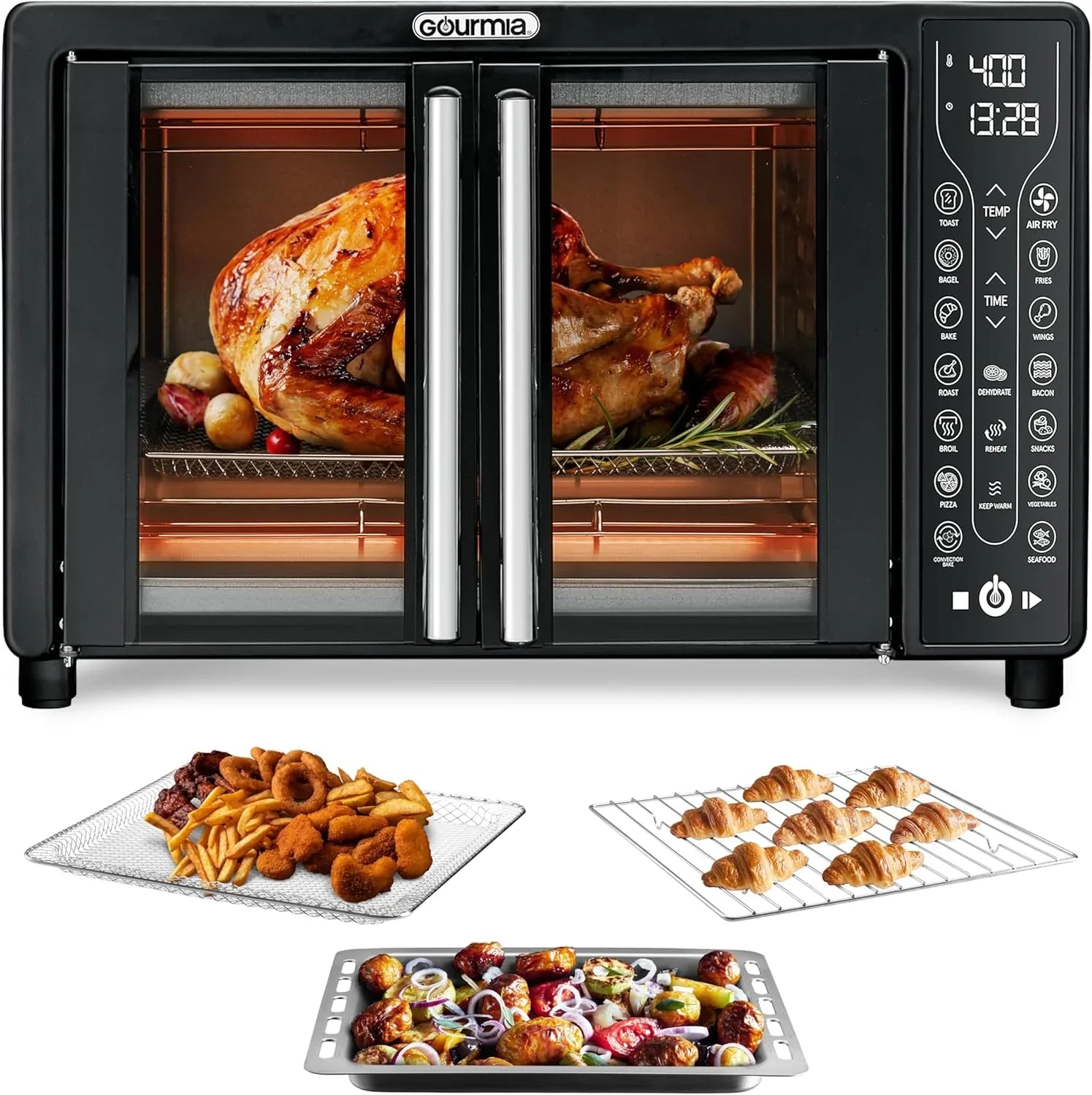 Friteuse à air combinée Gourmia avec 17 préréglages de cuisson, capacité de 24 L, grille de convection et plaque de cuisson