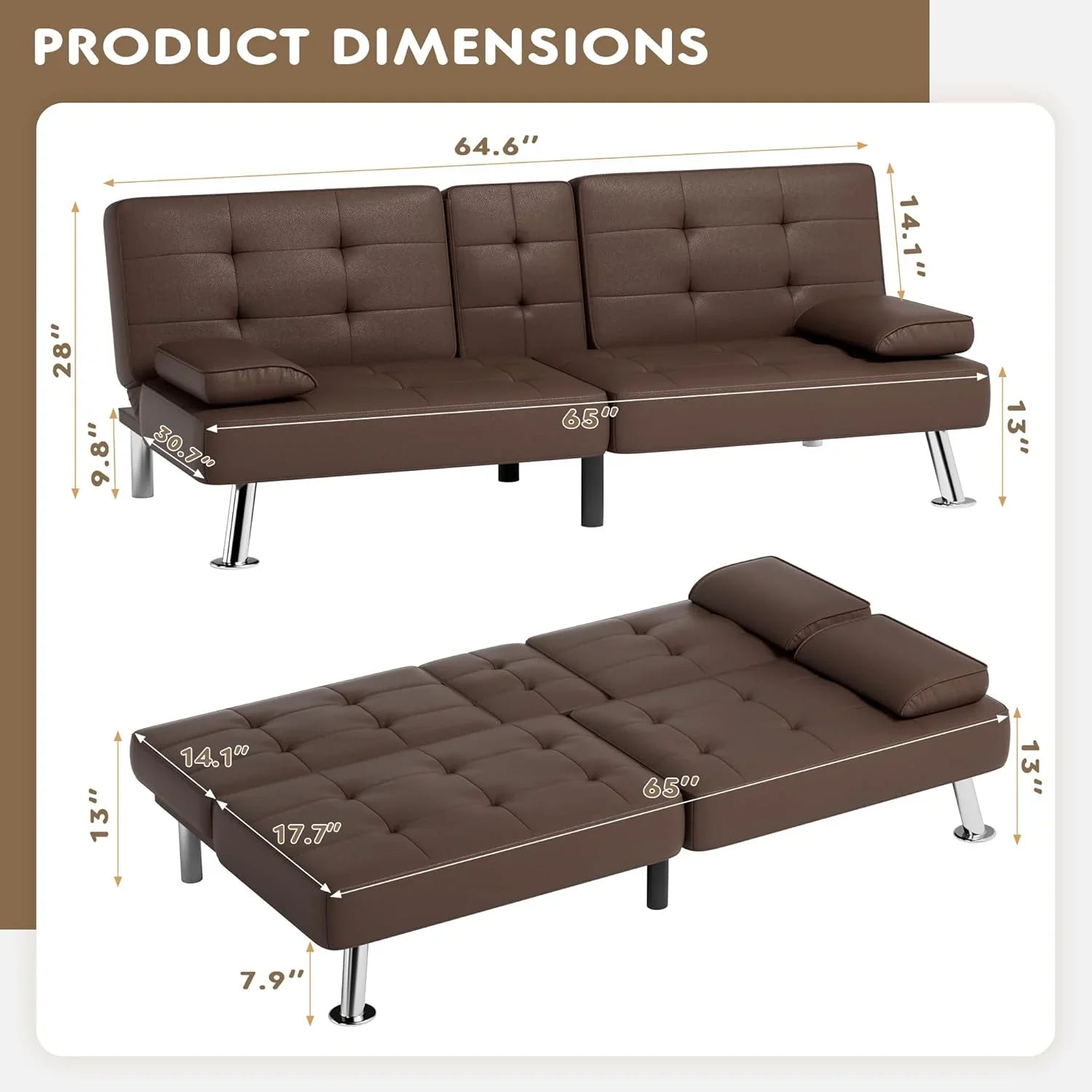 Canapé-lit futon Homall, canapé-lit futon en cuir avec accoudoirs amovibles, canapé-lit inclinable réglable avec deux porte-gobelets pour salon et appartement