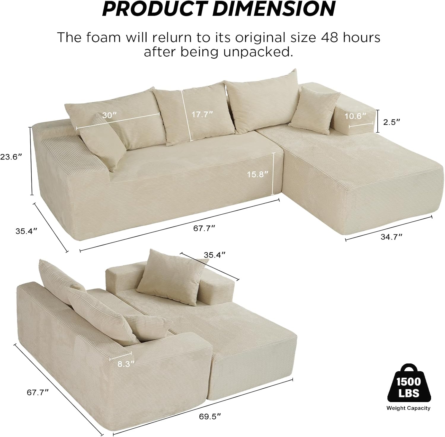Cloud sofa with L-shaped lounge chair, modern modular sofa with deep seats