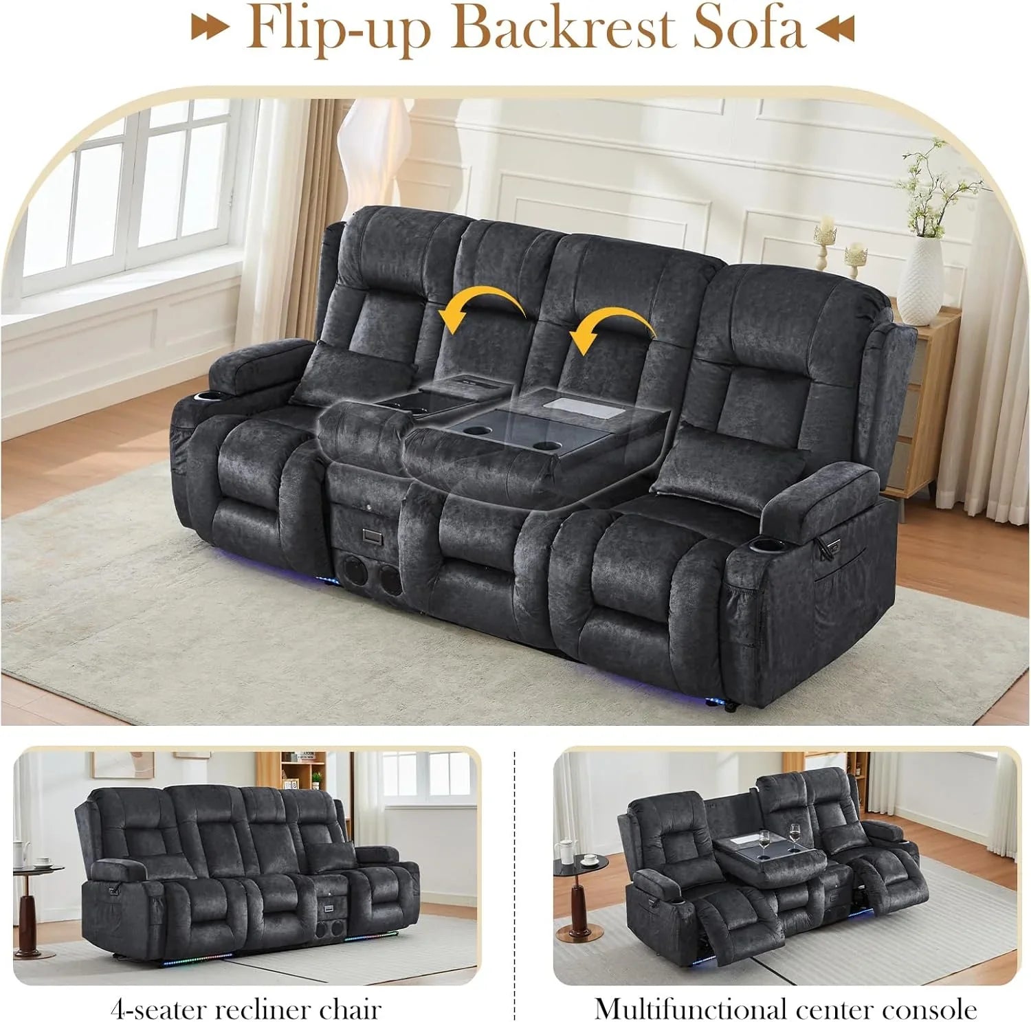 Canapé inclinable électrique TUNYI avec fonctions massage et chauffage, siège home cinéma avec console, canapé inclinable électrique pour camping-car