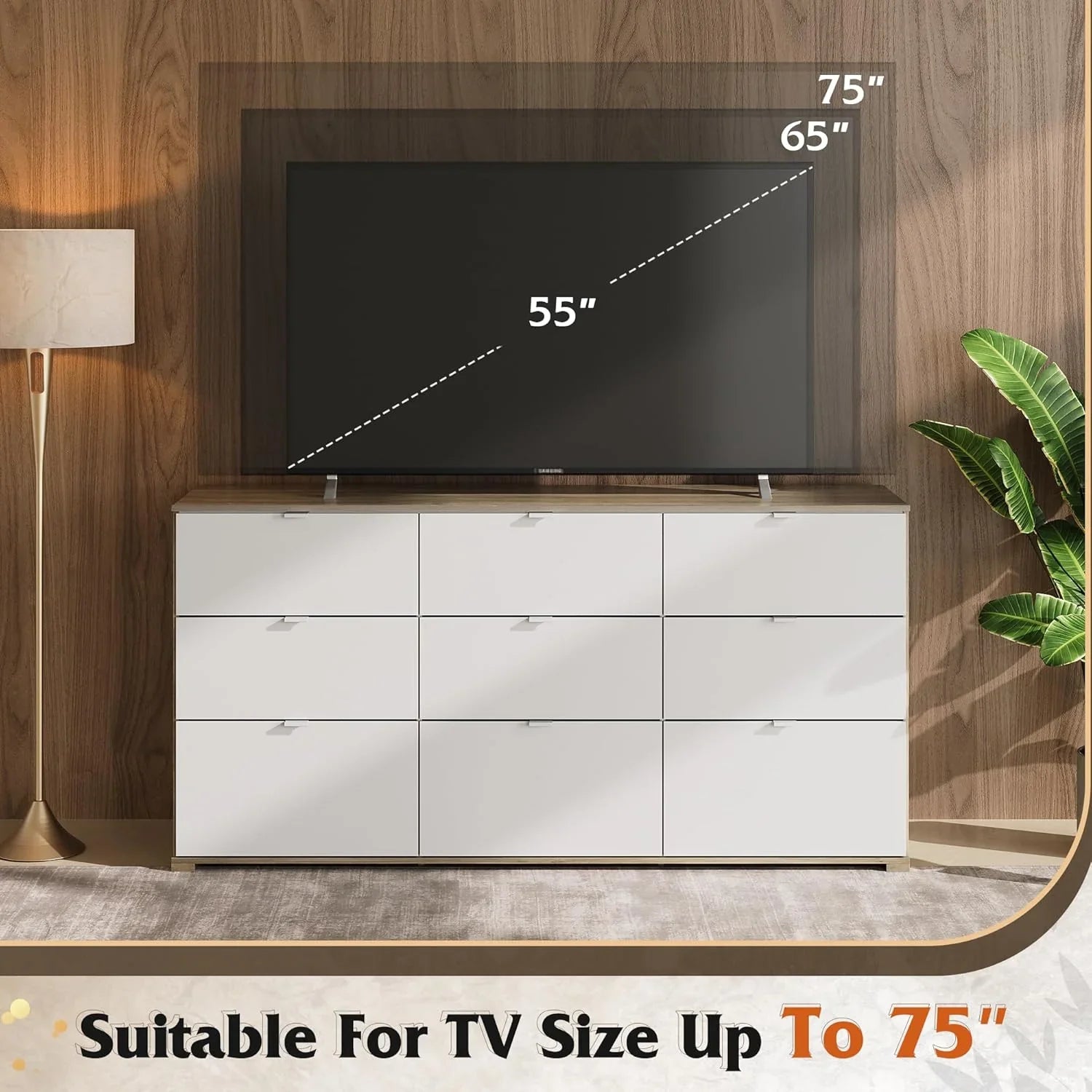 Commode LED à 9 tiroirs pour chambre à coucher, 148 cm de large, organiseur de rangement en bois avec prise électrique