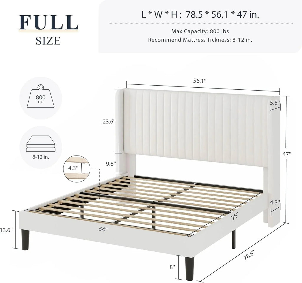Cadre de lit Allewie en velours pleine grandeur/tête de lit capitonnée à oreilles verticales/lit plateforme rembourré/lattes en bois robustes
