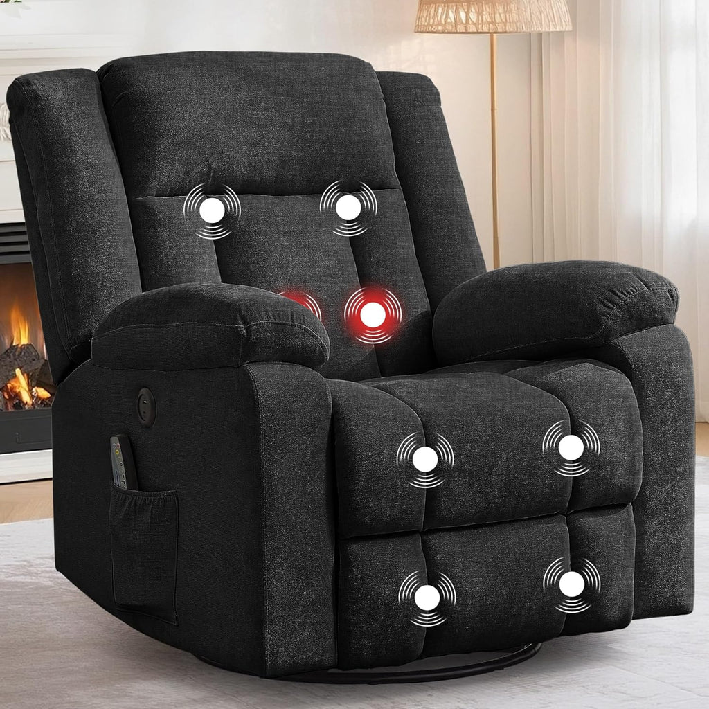 Fauteuil à bascule pour adulte, fauteuil inclinable coulissant, fauteuil à bascule rotatif à 360° avec fonction massage et chauffage
