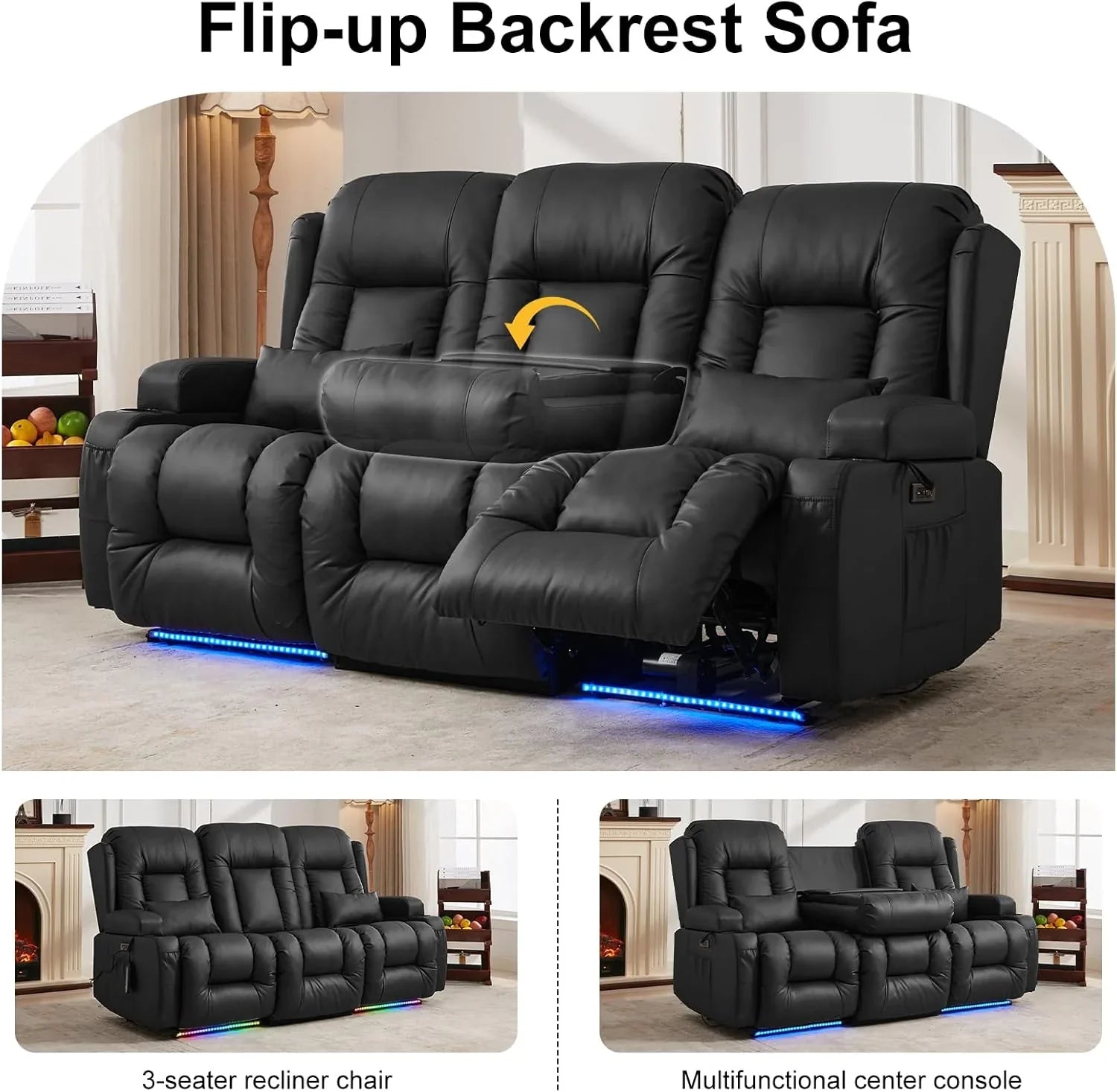 Canapé inclinable électrique TUNYI avec fonctions massage et chauffage, siège home cinéma avec console, canapé inclinable électrique pour camping-car