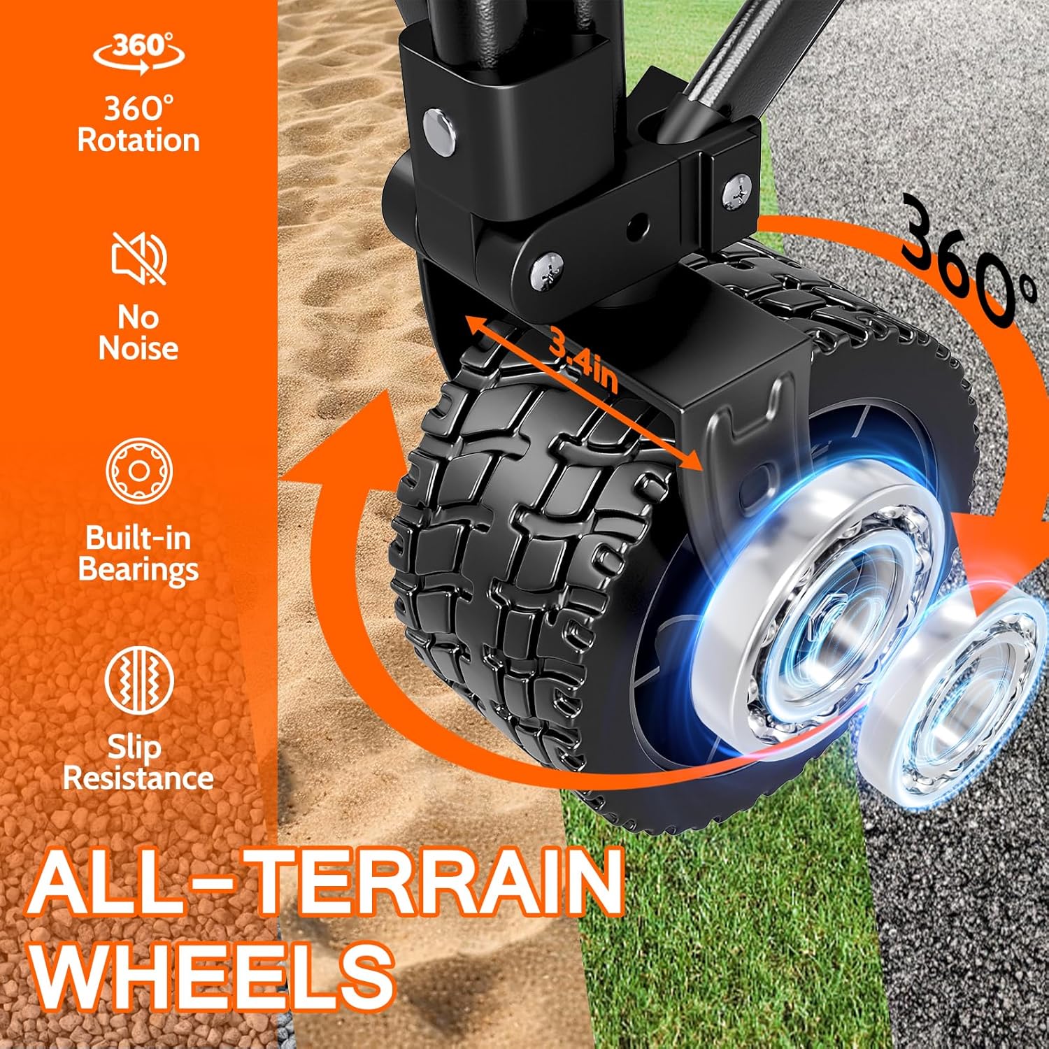 Chariot de plage pliable à grandes roues, chariot de plage pliable avec roues tout-terrain, grande capacité de charge, chariot robuste