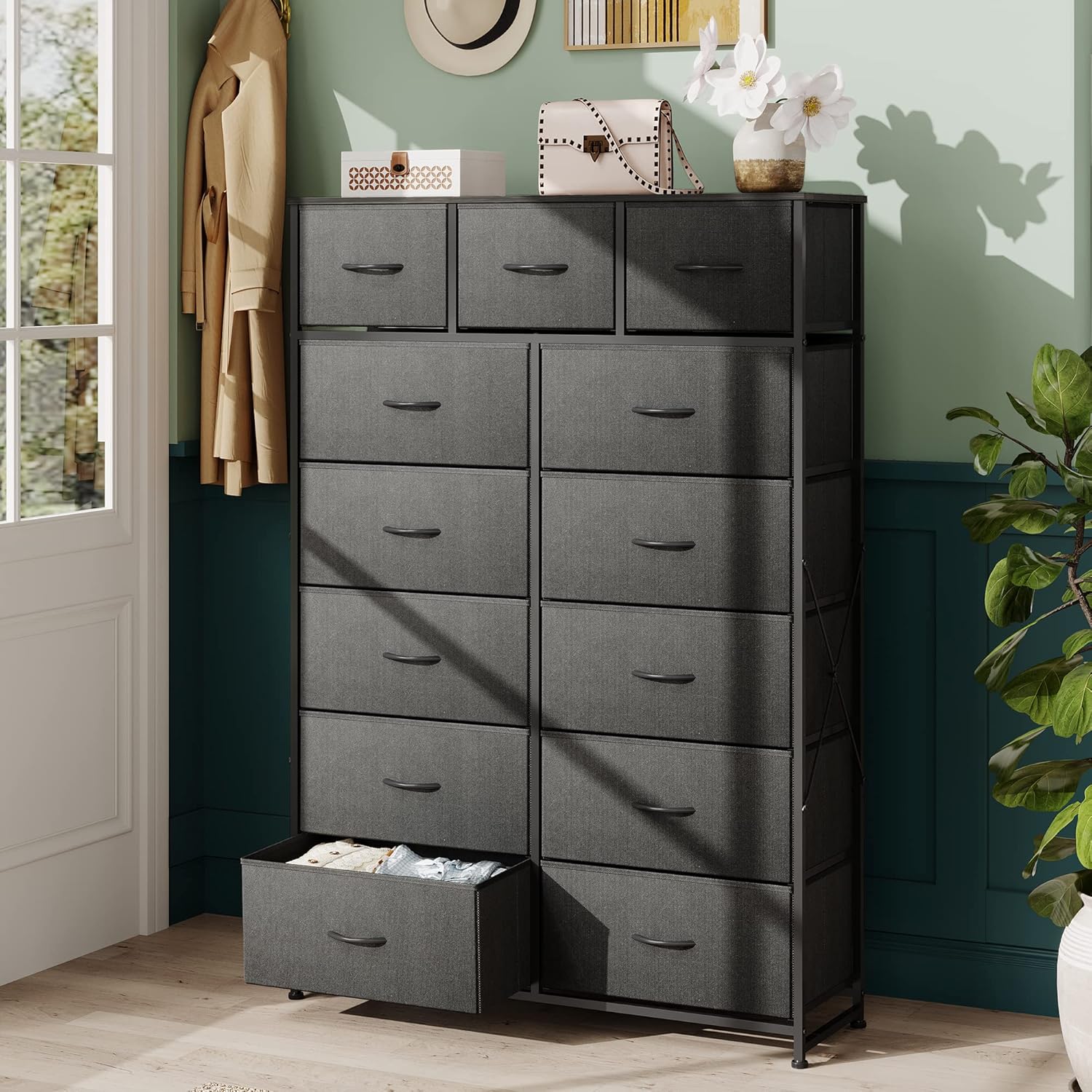 Meuble de rangement WLIVE avec 13 bacs en tissu, tiroirs de rangement avec cadre en acier, grande tour de rangement pour salon, couloir, bureau, noir anthracite
