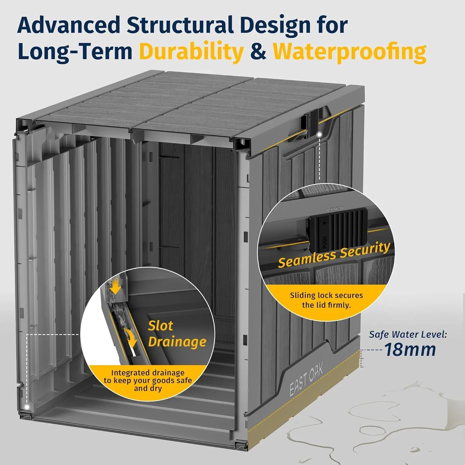 Coffre de rangement extérieur EAST OAK, coffre de terrasse de 60 gallons, utilisation intérieure et extérieure, bac de rangement en résine imperméable