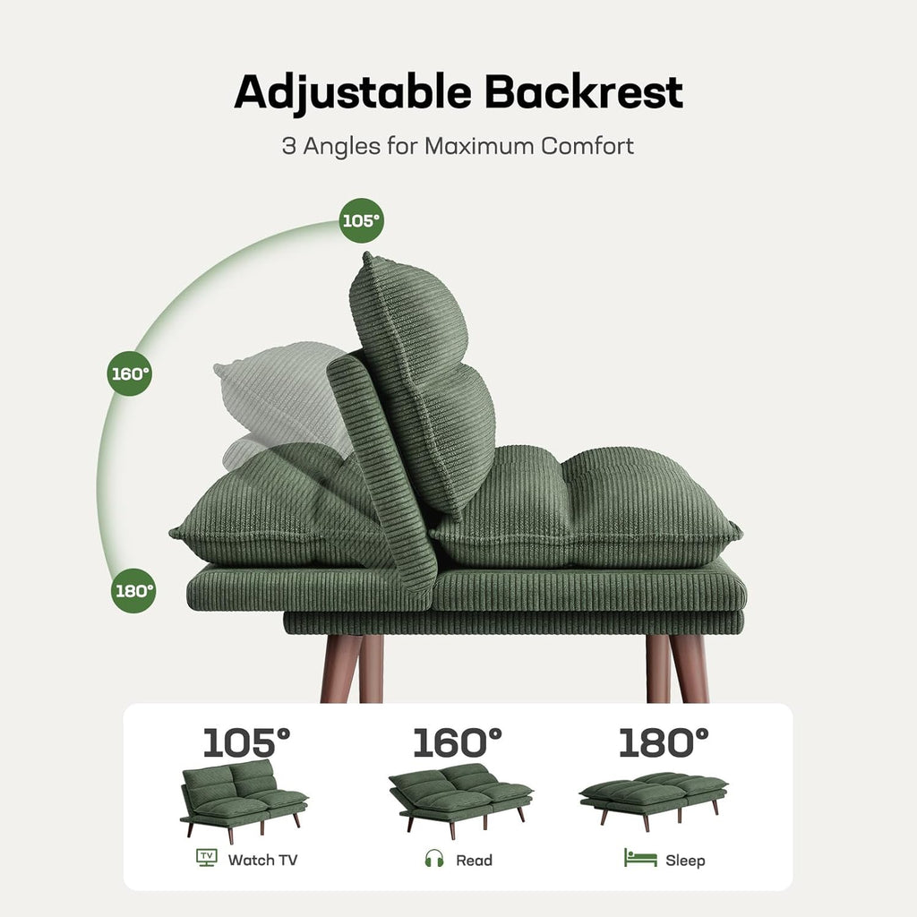 Canapé-lit futon, canapé futon avec dossier et accoudoirs réglables, convertible en petit canapé-lit causeuse en velours côtelé vert