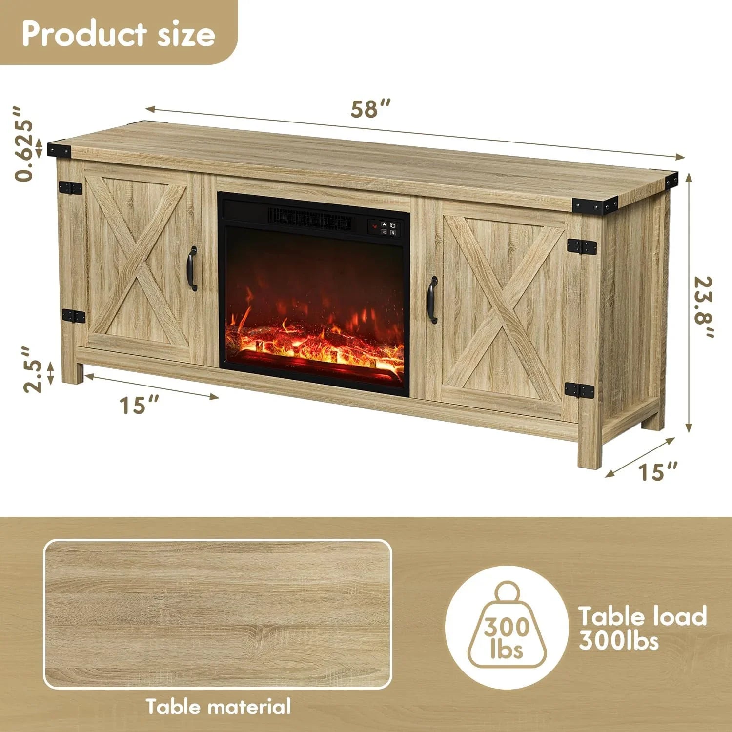 YESHOMY Meuble TV avec cheminée et deux portes de grange, armoires de rangement pour téléviseurs jusqu'à 65 pouces et plus, console de divertissement, meuble multimédia pour salon, 58 pouces