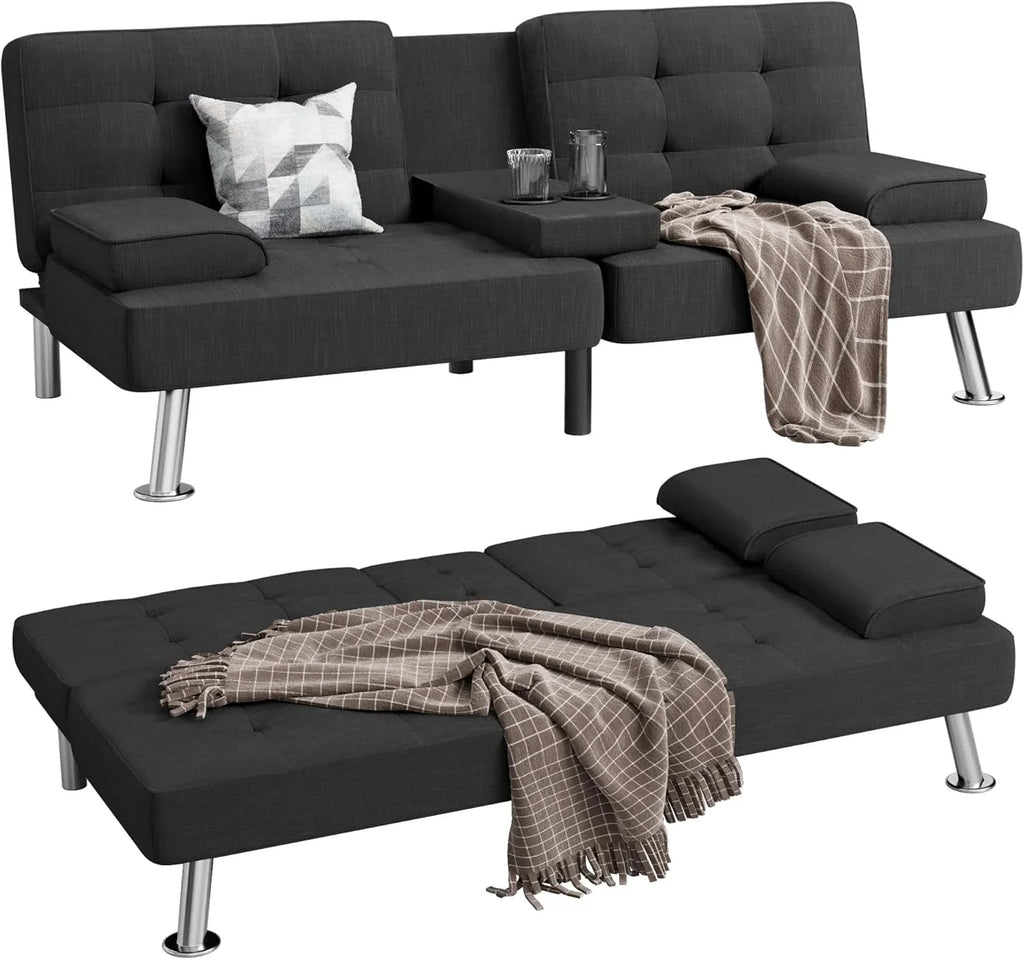 Canapé-lit futon convertible et pliable en lin moderne Shahoo avec accoudoirs amovibles, pieds en métal et 2 porte-gobelets pour le salon