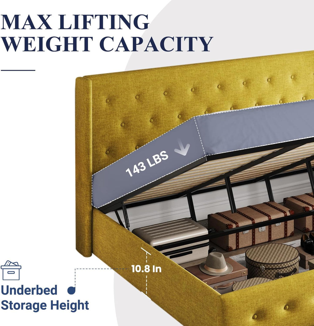 Lit queen-size relevable avec rangement Allewie, tête de lit à oreilles moderne et support hydraulique