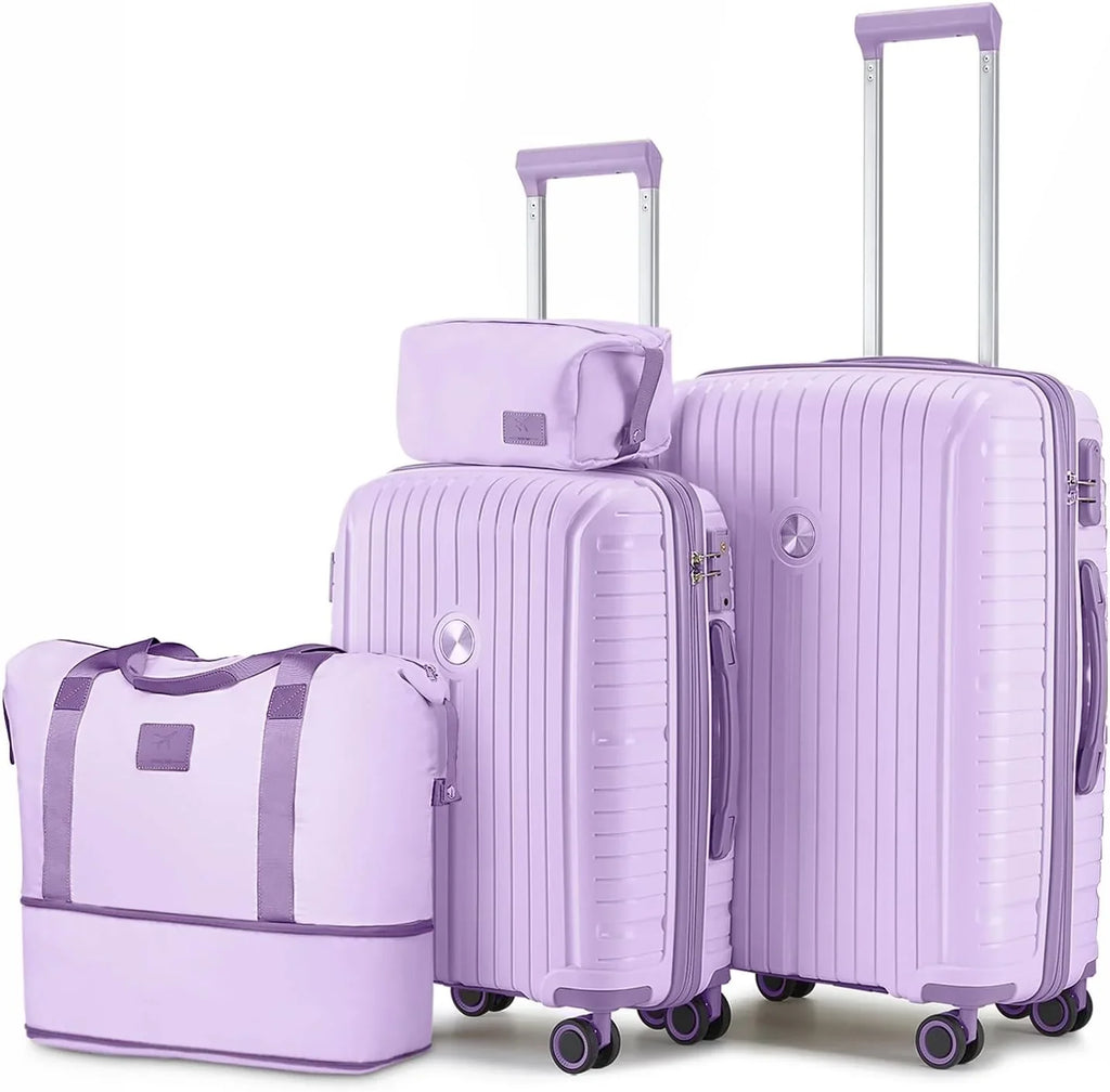 Ensemble de 5 valises de voyage légères à coque rigide en PP avec deux roulettes pivotantes et serrure TSA