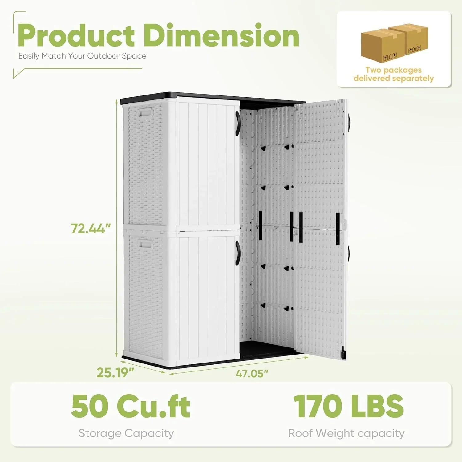 Armoire de rangement extérieure Devoko 26 pi³ avec portes verrouillables, abri de rangement horizontal, boîte de rangement étanche pour outils de patio