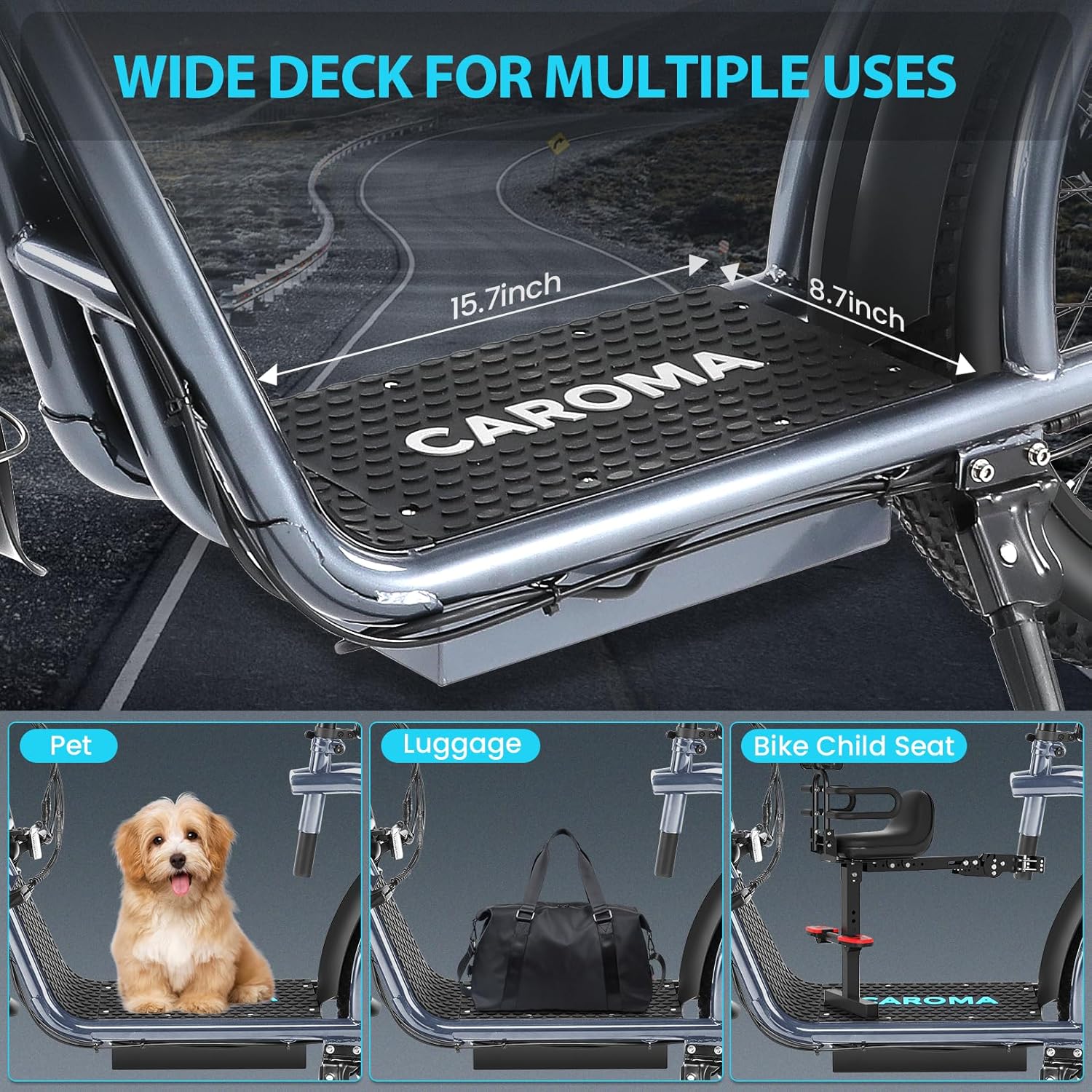 Trottinette électrique pliable Caroma Peak 800 W pour adulte avec pneus de 20 pouces de large, batterie 48 V, panier et siège réglable.