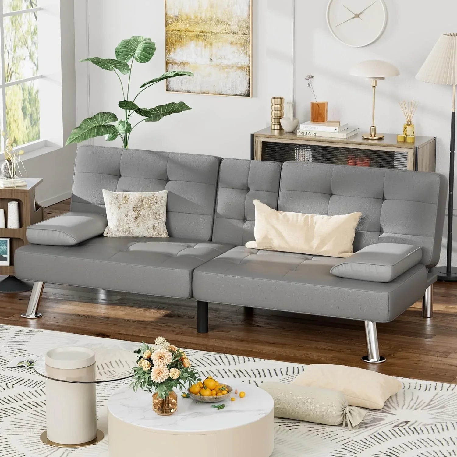 Canapé-lit futon Homall, canapé-lit futon en cuir avec accoudoirs amovibles, canapé-lit inclinable réglable avec deux porte-gobelets pour salon et appartement