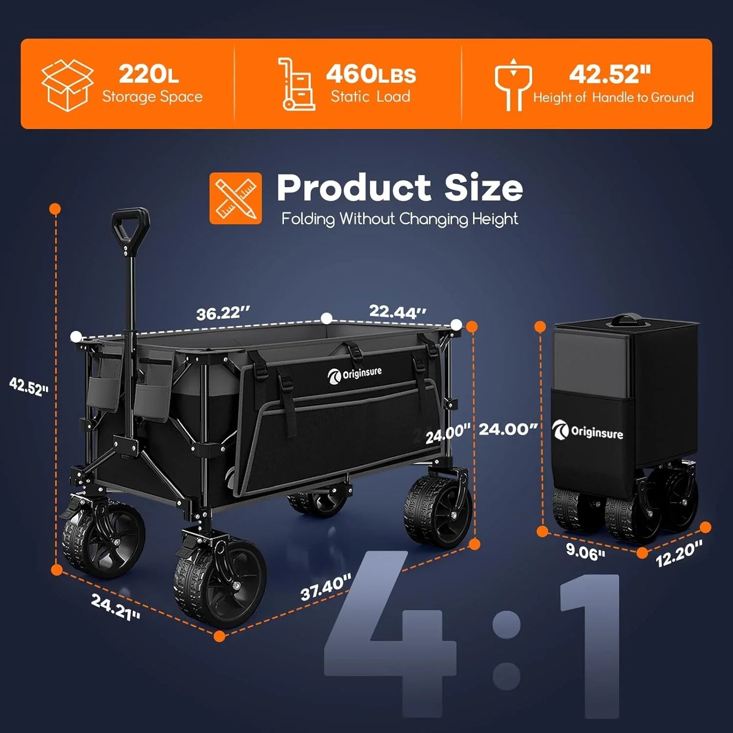 Poussette pliable à quatre roues de 96 cm de long, pliable, capacité de 200 kg, poussette de plage pliable robuste de 220 litres avec de grands pneus tout-terrain