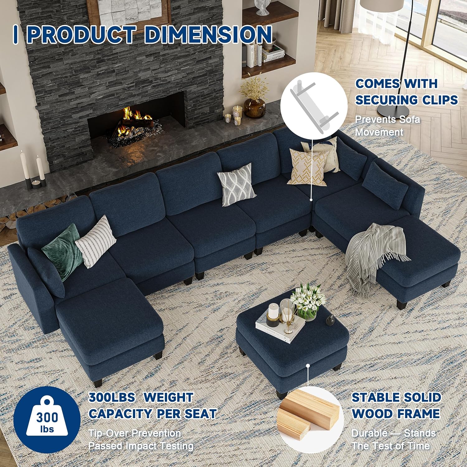 Canapé sectionnel modulable, canapé convertible en U, mousse à mémoire de forme haute densité, canapé sectionnel confortable 6 places