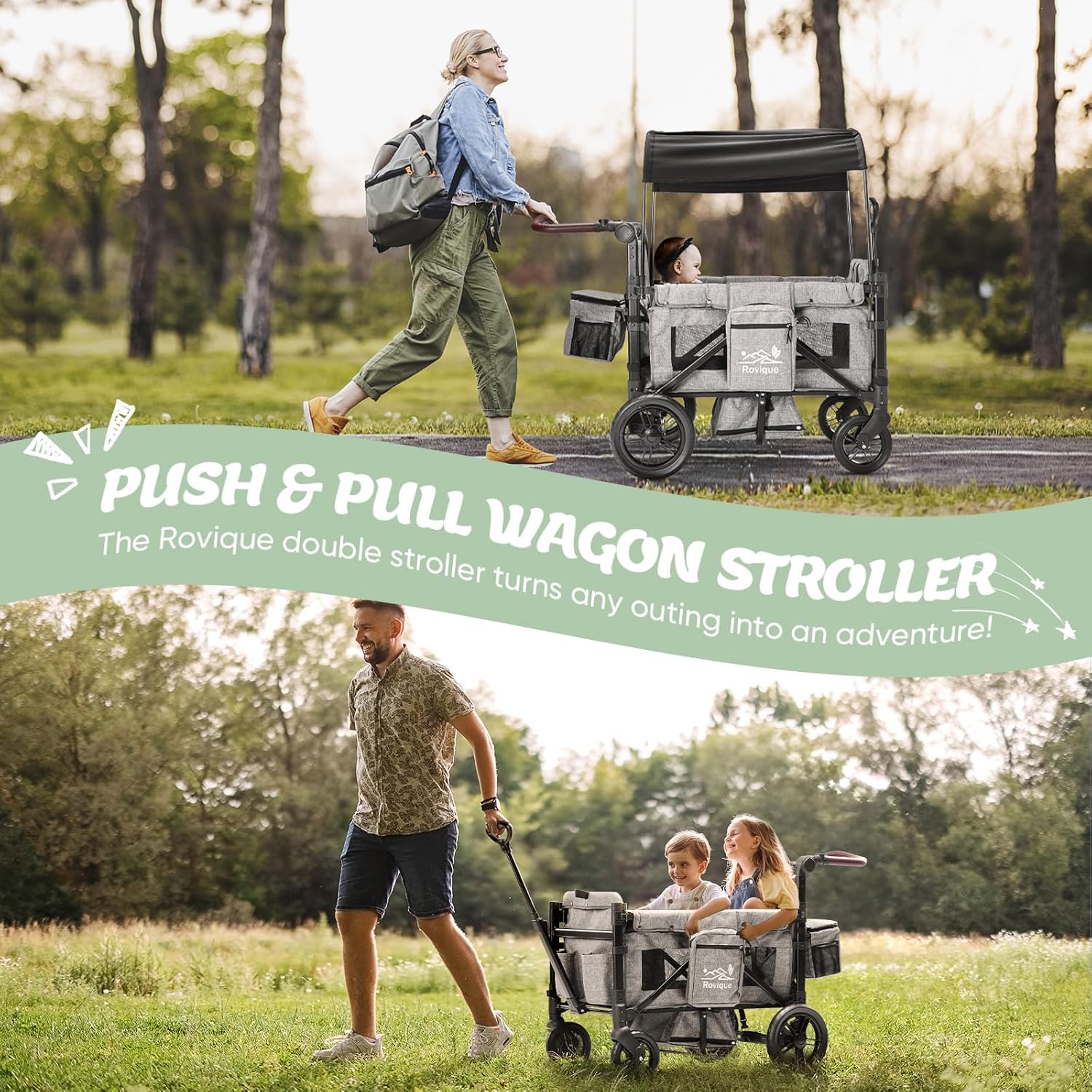 Poussette Wagon pour 2 enfants, poussette premium pour enfants avec auvent amovible, plateau à goûter et couffin convertible