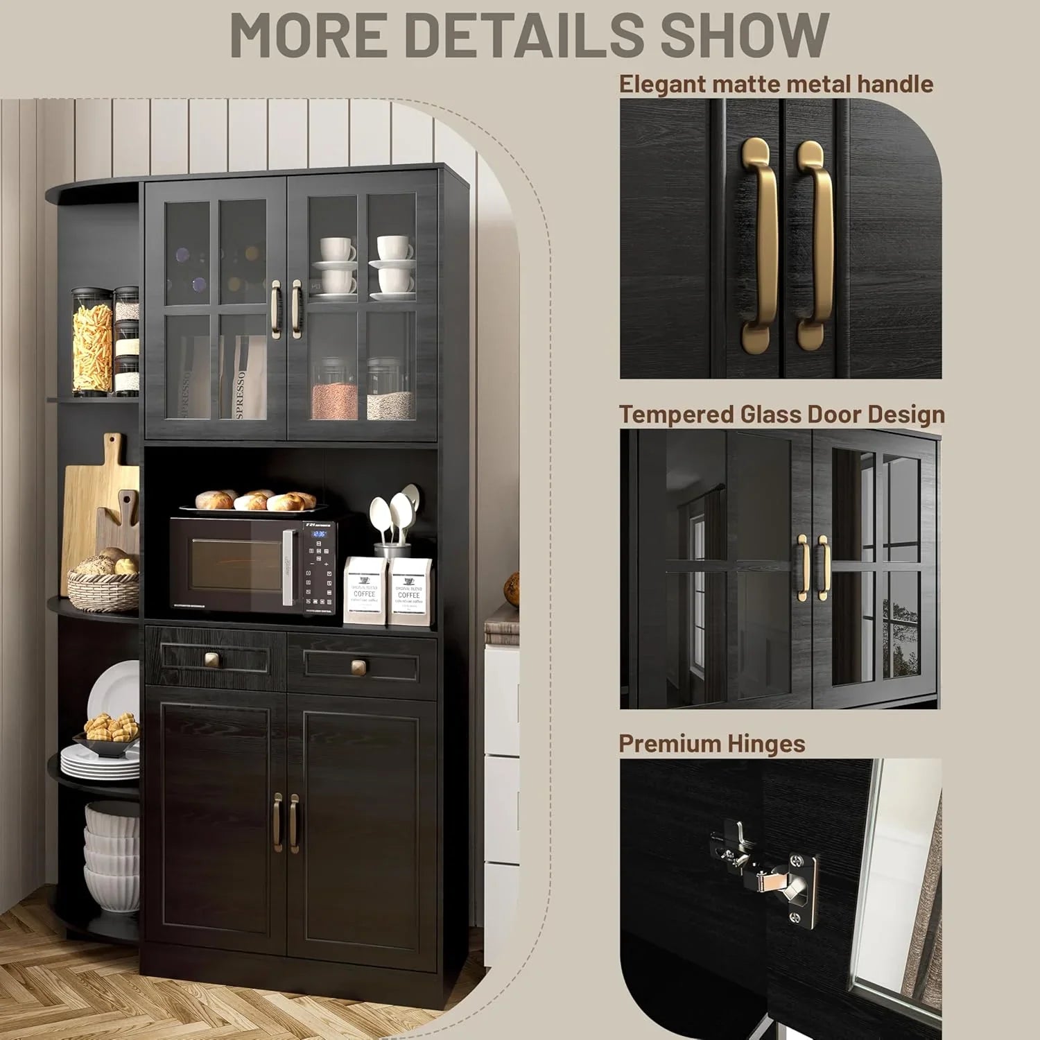 Armoire de garde-manger de 180 cm de haut avec portes vitrées