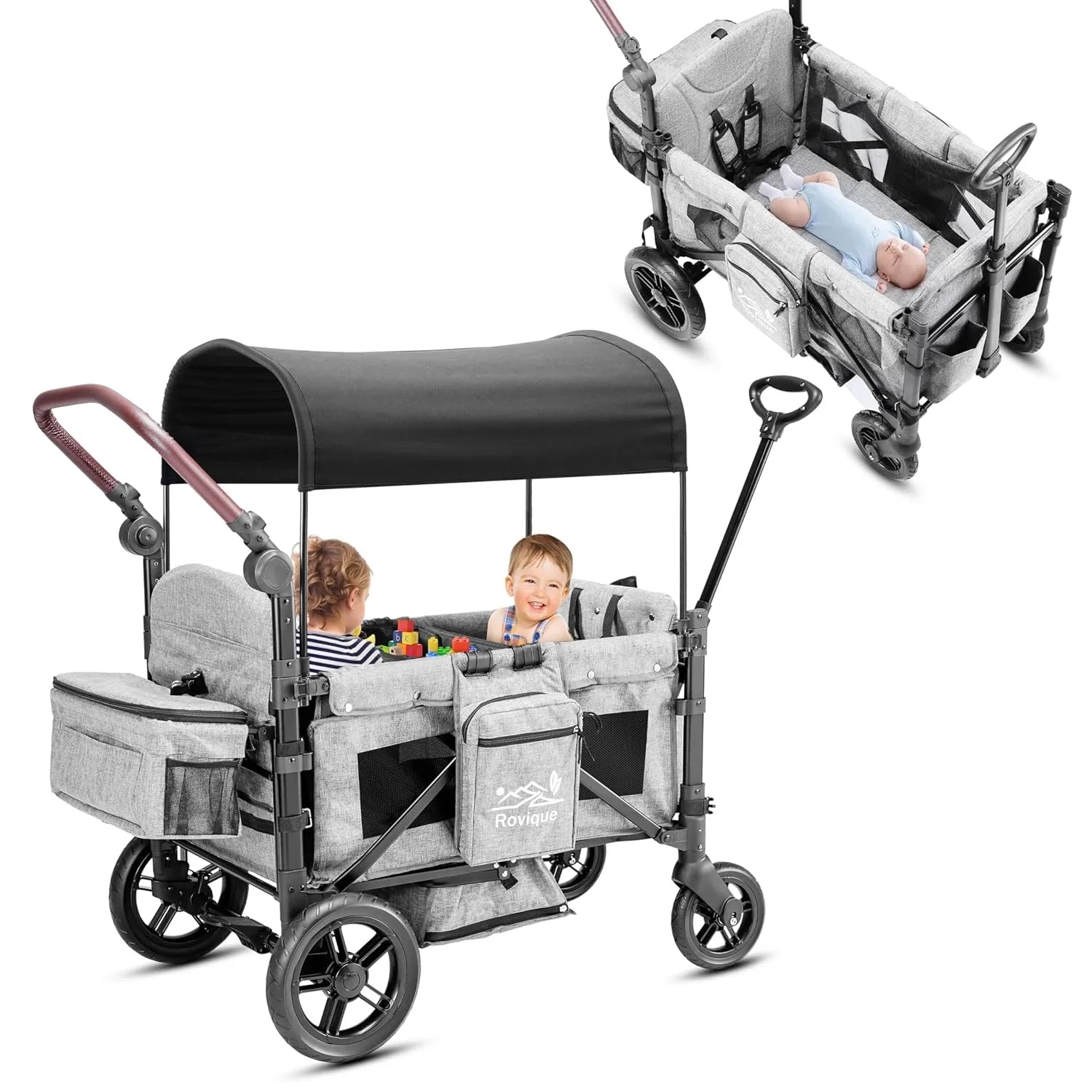 Poussette Wagon pour 2 enfants, poussette premium pour enfants avec auvent amovible, plateau à goûter et couffin convertible