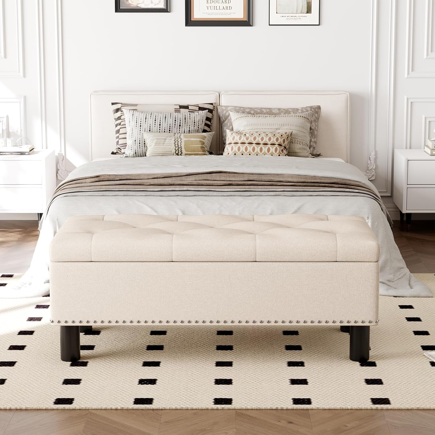 Tabouret de rangement moderne Furniliving, tabouret de bout de lit en bois massif Sherpa, tabouret rembourré tabouret d'intérieur